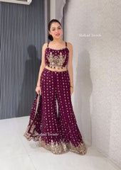 Elegant Fox Georgette Embroidery Work Maroon color KOTI BLOUSE SUIT SET