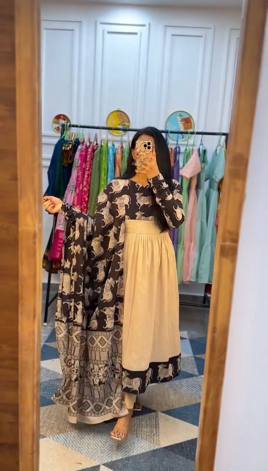 Stylish Peach Rayon Cotton Kalamkari Print Gown
