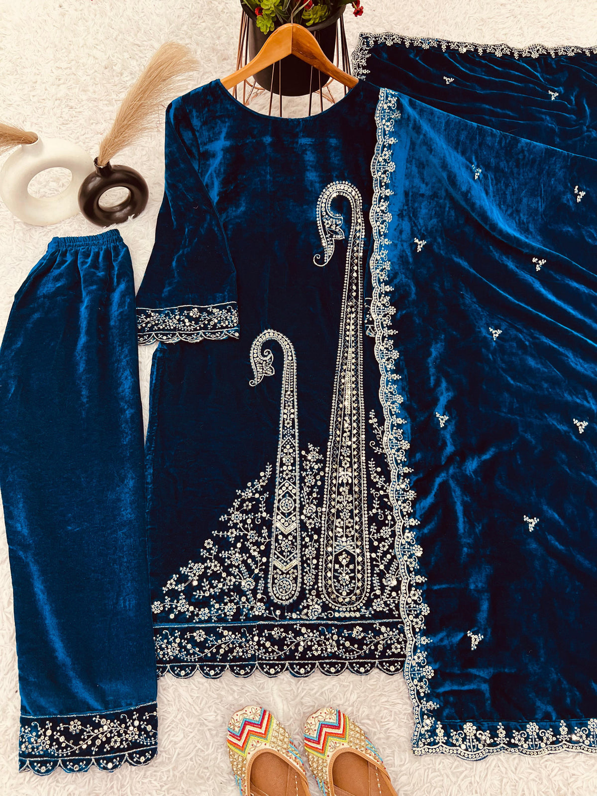 Marvelous Blue Velvet Embroidery Work Suit