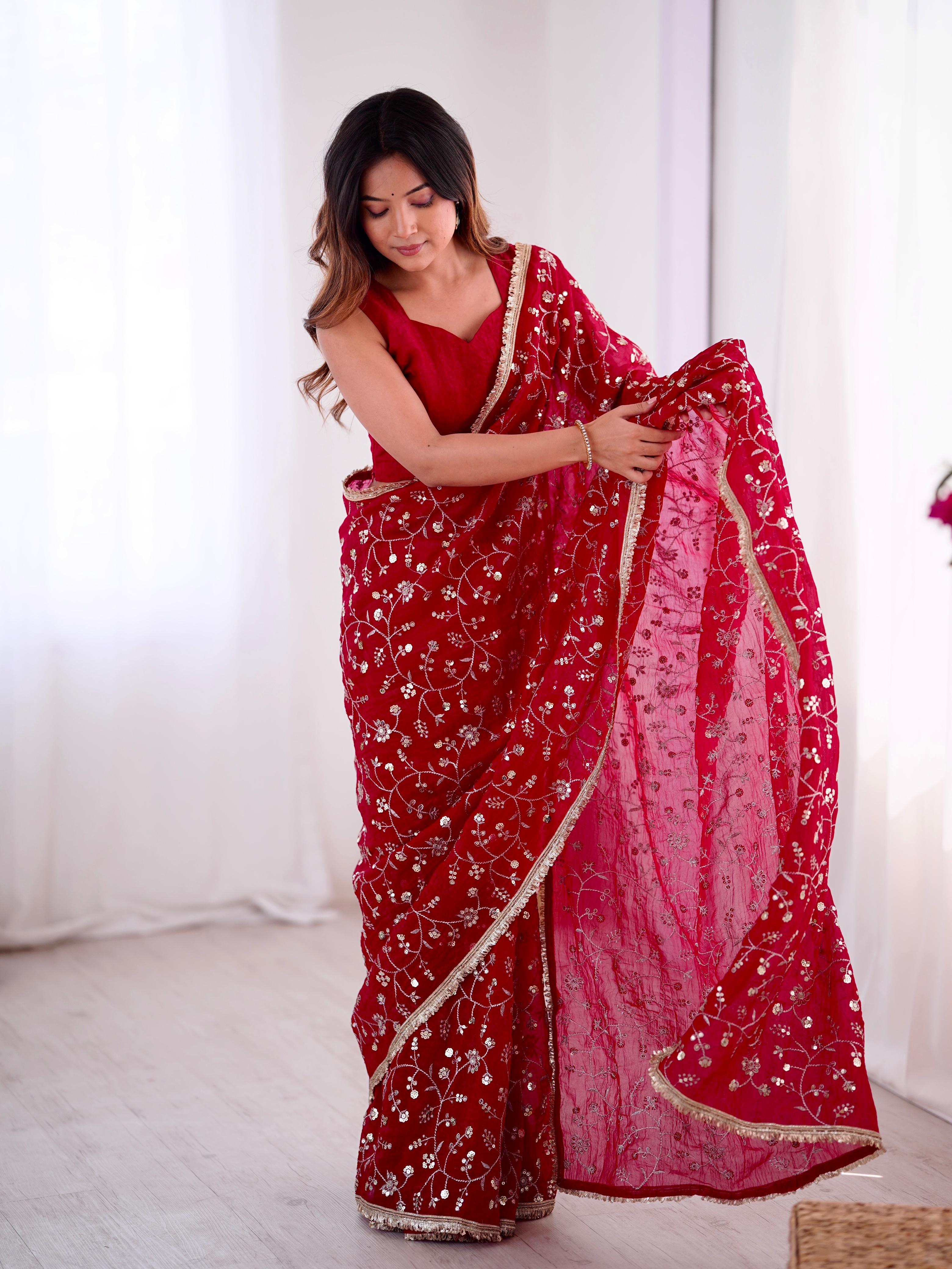 Lovely Red Crunchy Silk Embroidery Work Saree