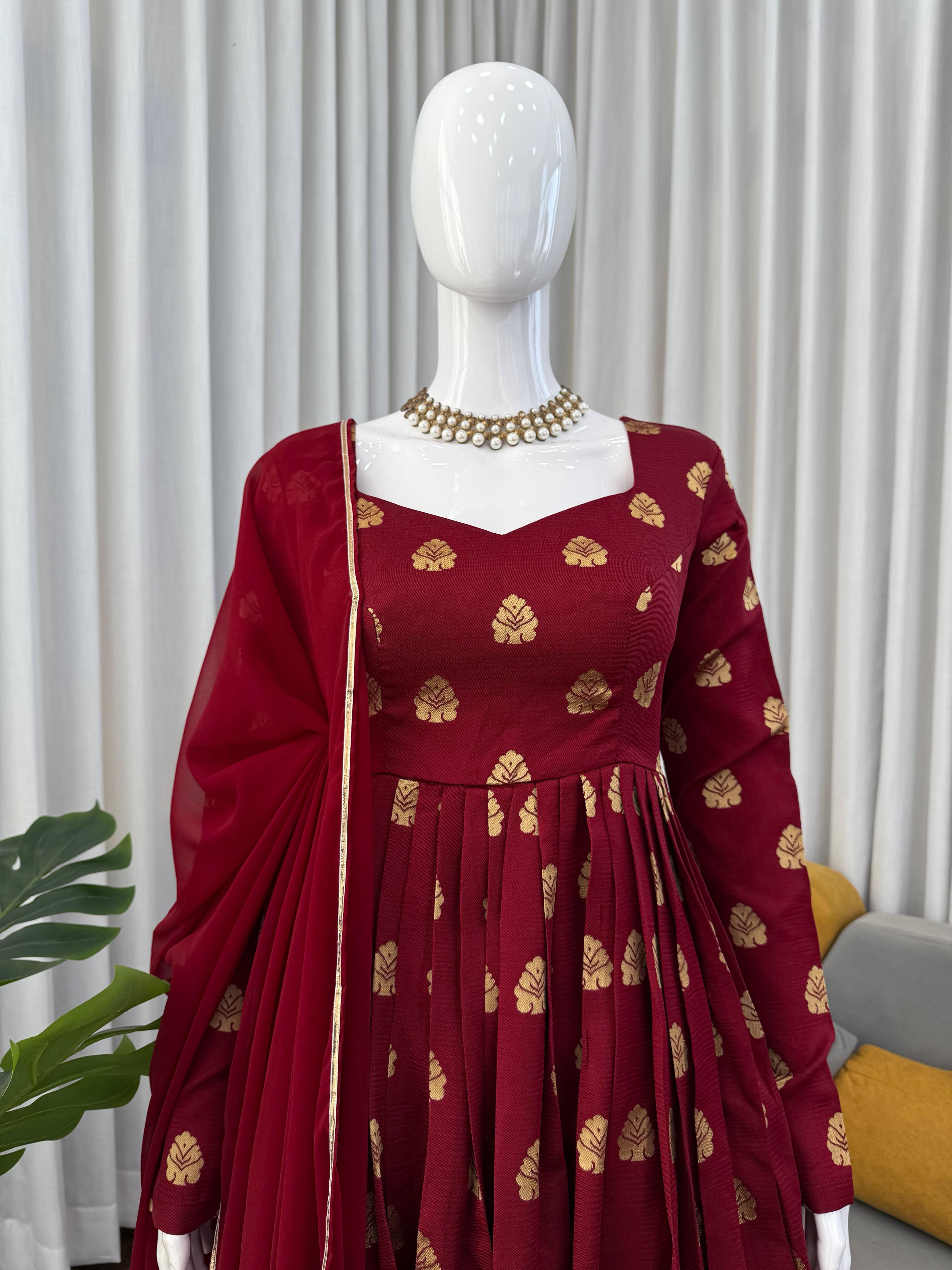 Lovely Maroon Jacquard Weaving Anarkali Suit