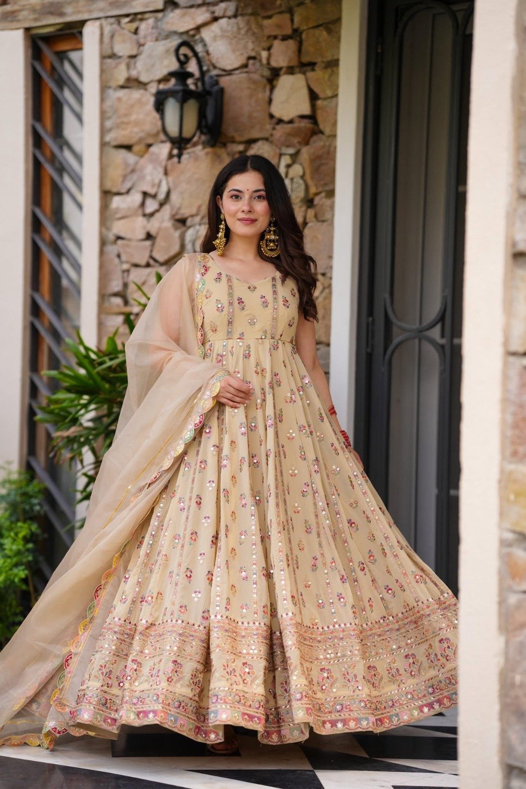 Stylish Pista Simmer Embroidery Work Gown