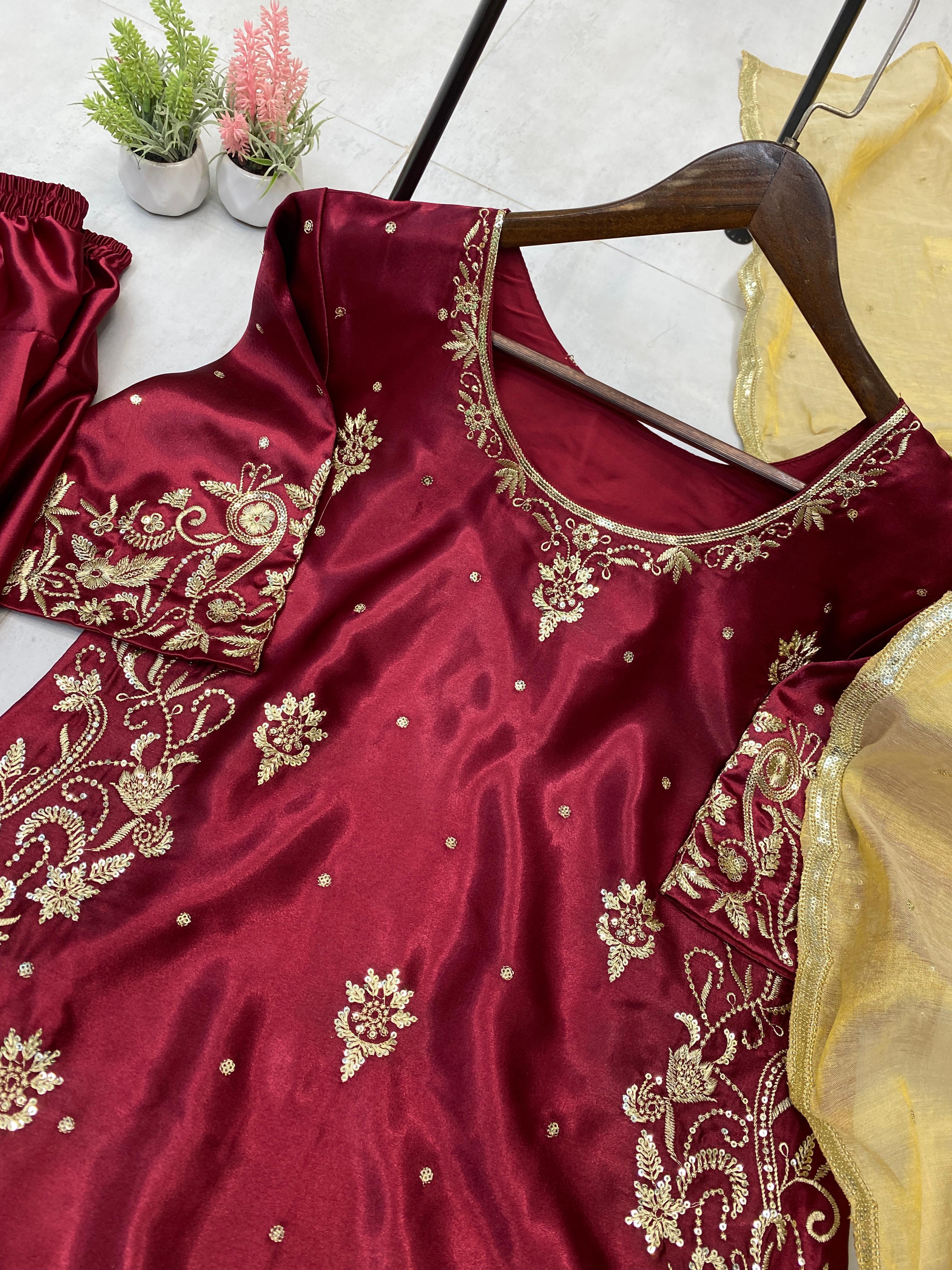 Trendy Maroon Satin Sequence Work Salwar Suit