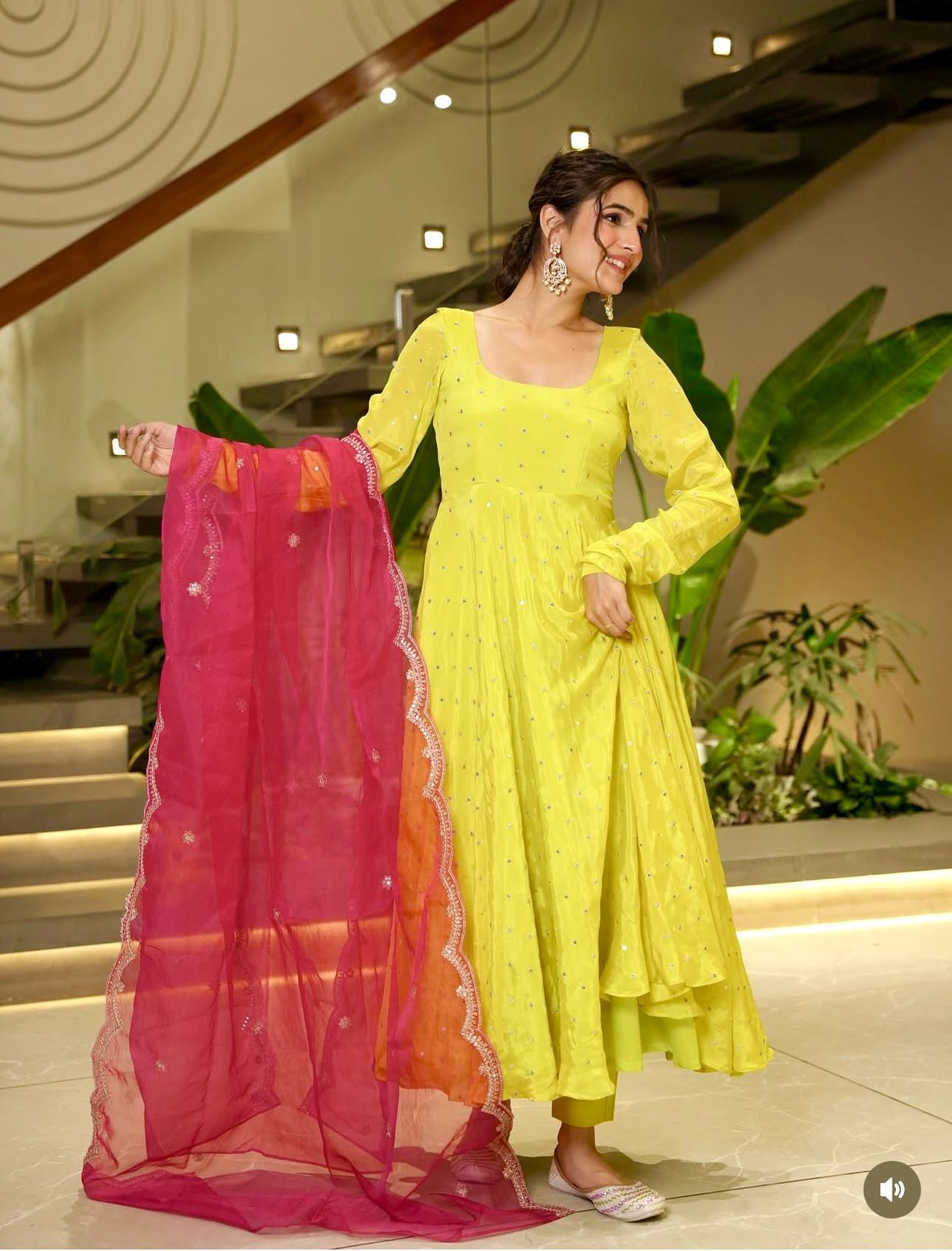 Marvelous Lemon Color Chinon Silk Work Gown