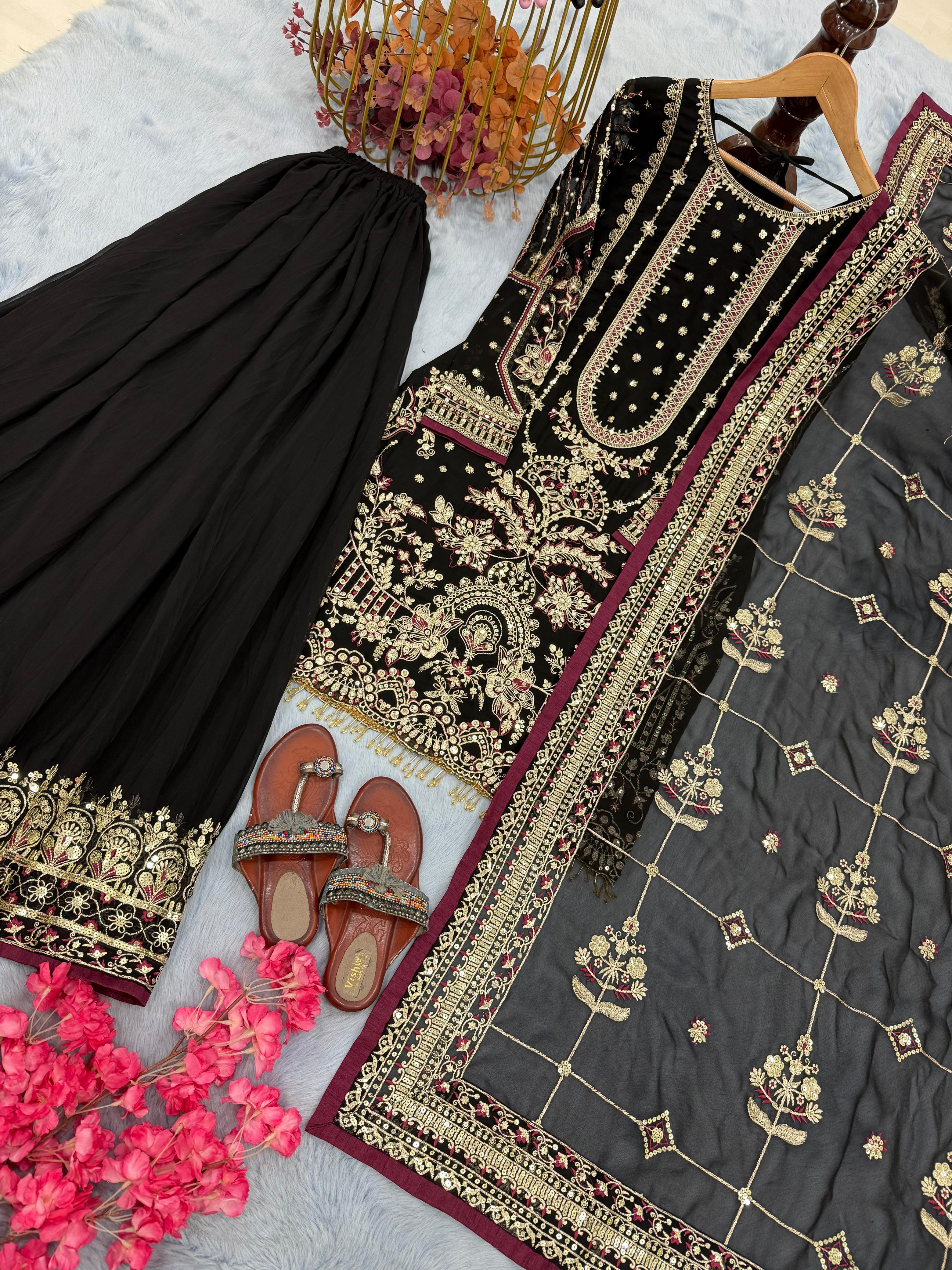 Beautiful Black Color Work Georgette Sharara Suit