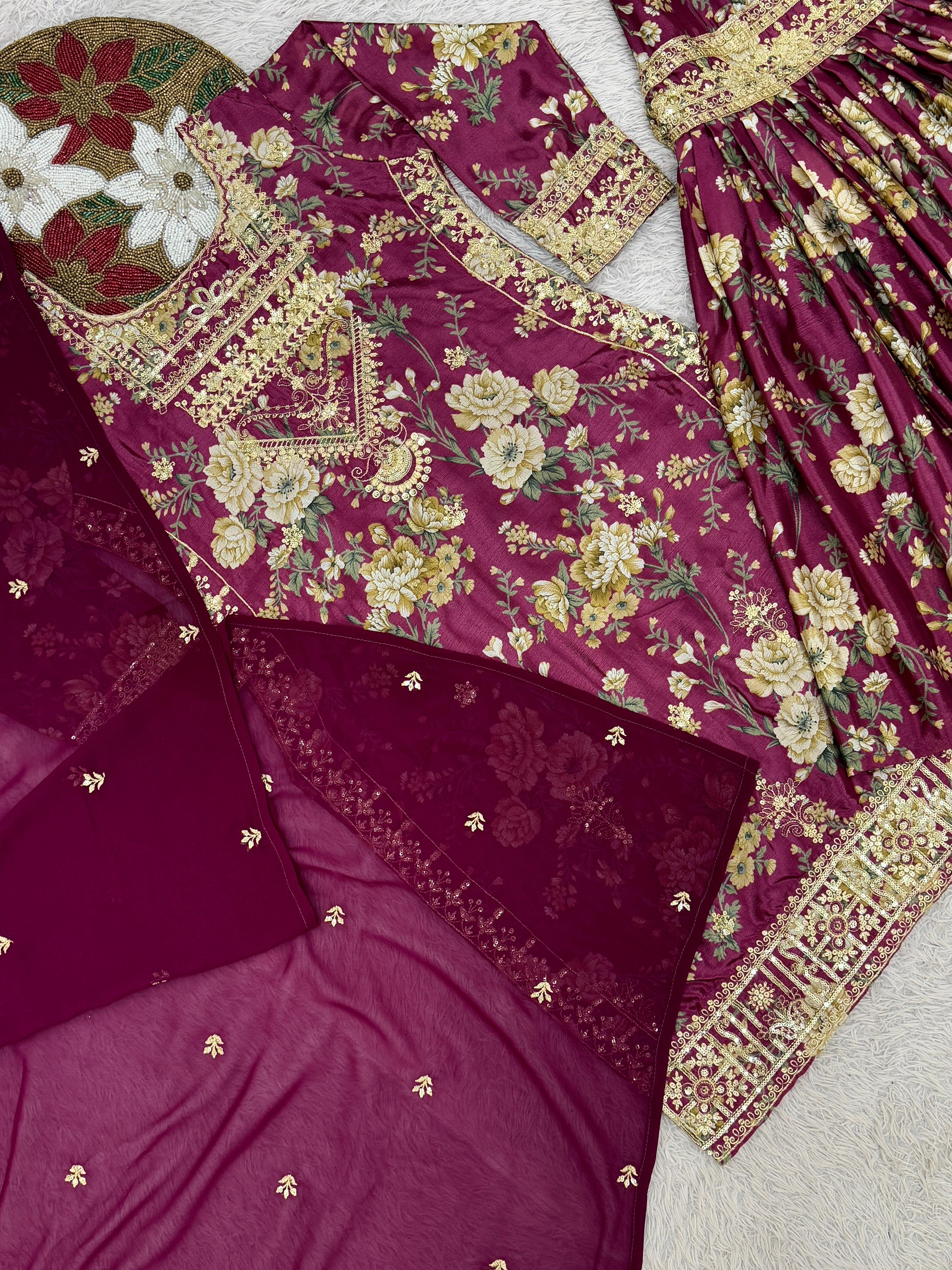 Ravishing Wine Chinon Silk Embroidery Sharara Suit