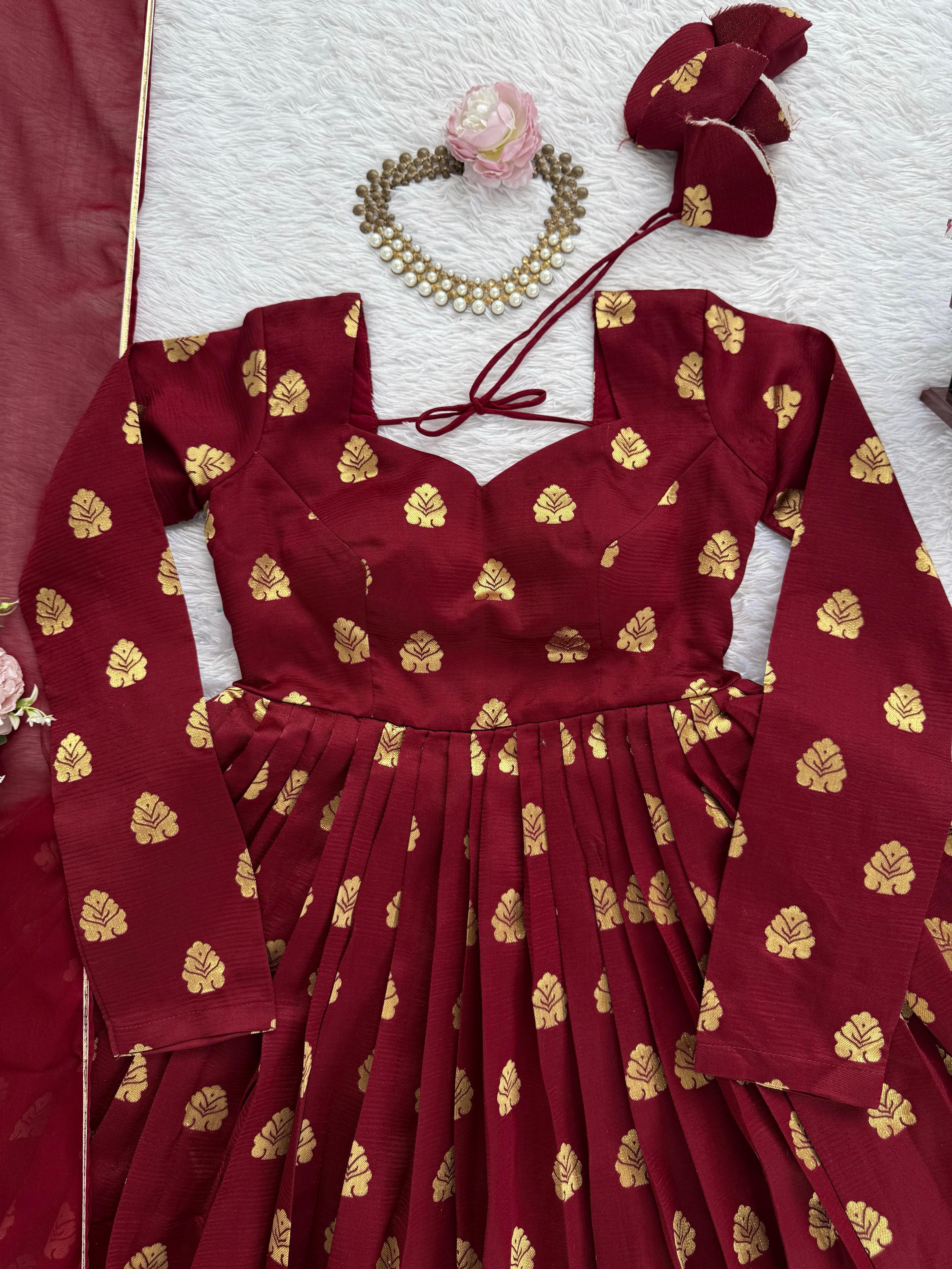 Lovely Maroon Jacquard Weaving Anarkali Suit