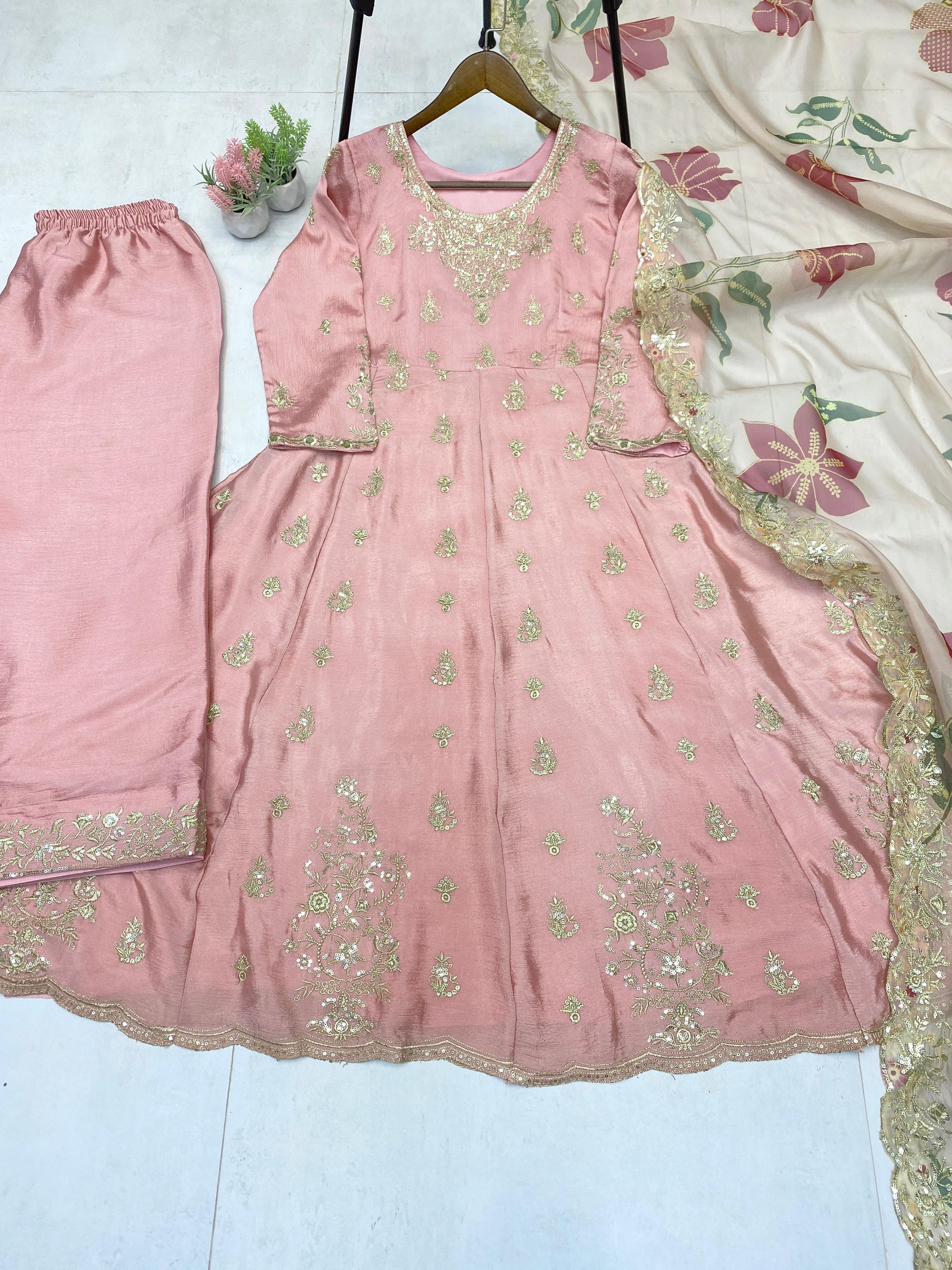 Gorgeous Pink Chinon Sequence Work Gown With Palazzo Suit