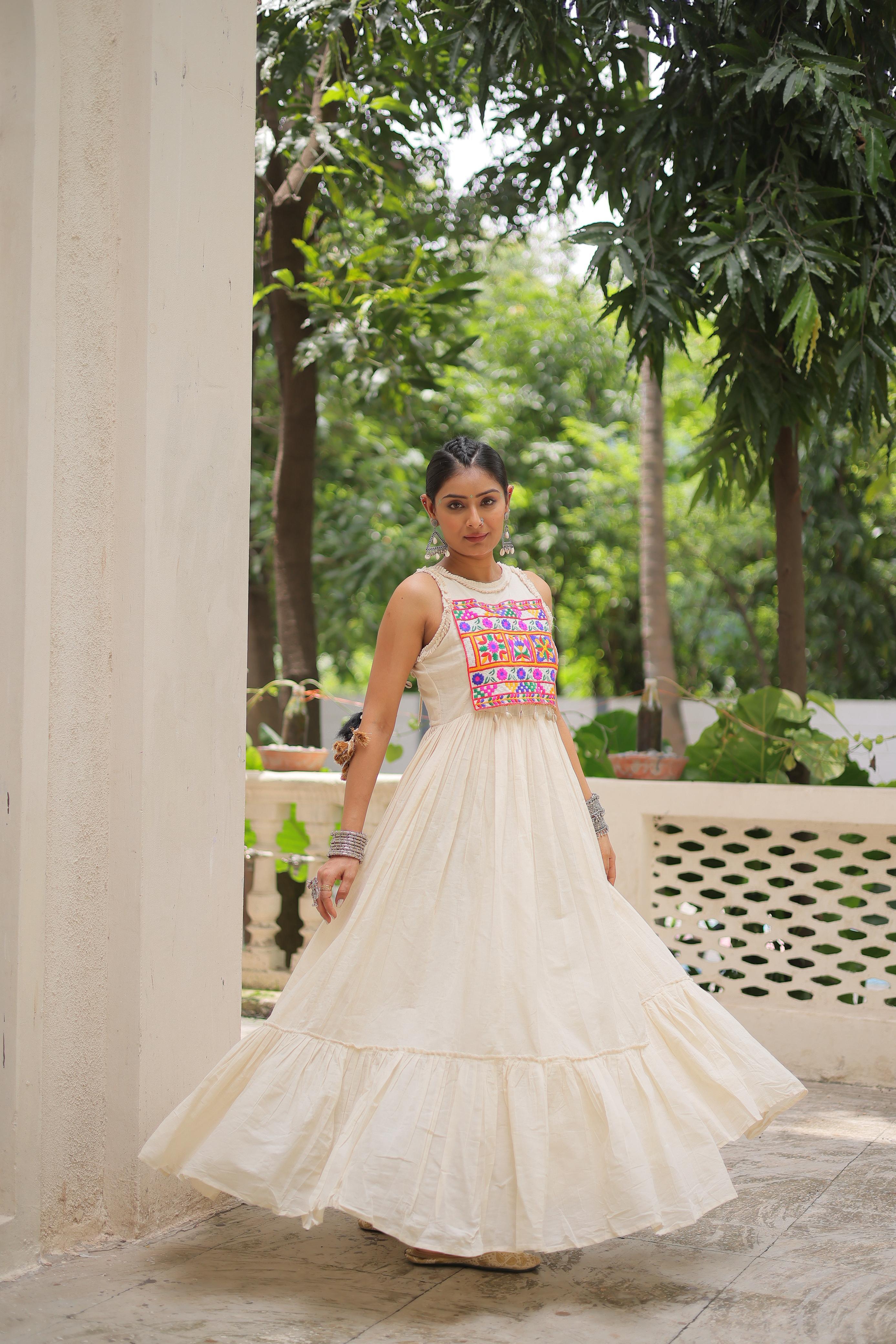 Amazing Off-White Cotton Embroidered Gown For Navratri