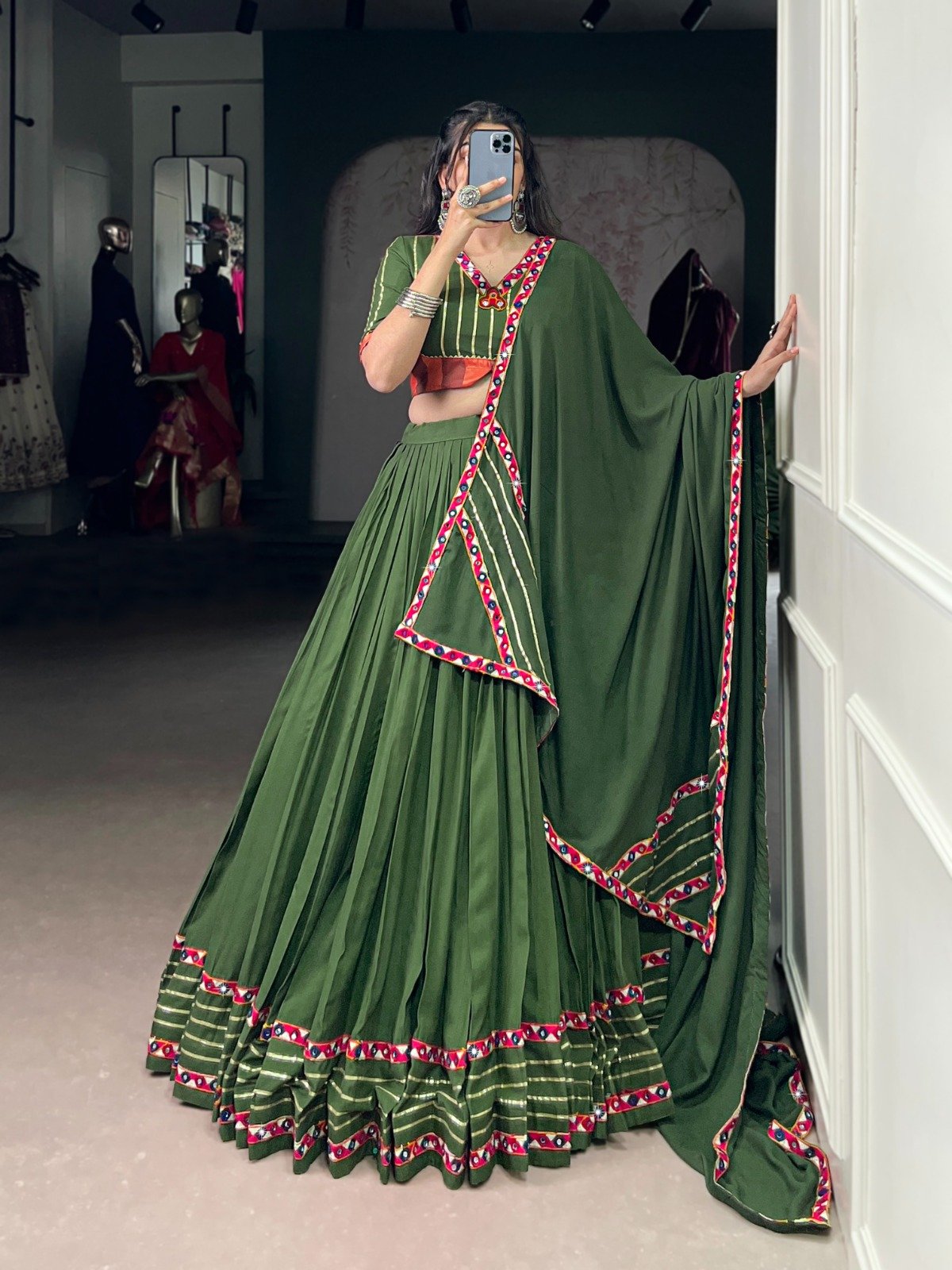 Navratri Lehenga Pink Rayon Mirror Work Lehenga Choli