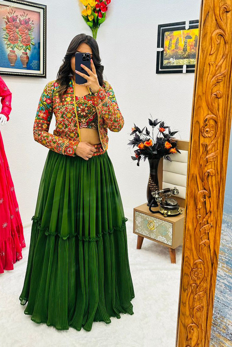 Delightful Green With Multi Color Lehenga Choli With Jacket