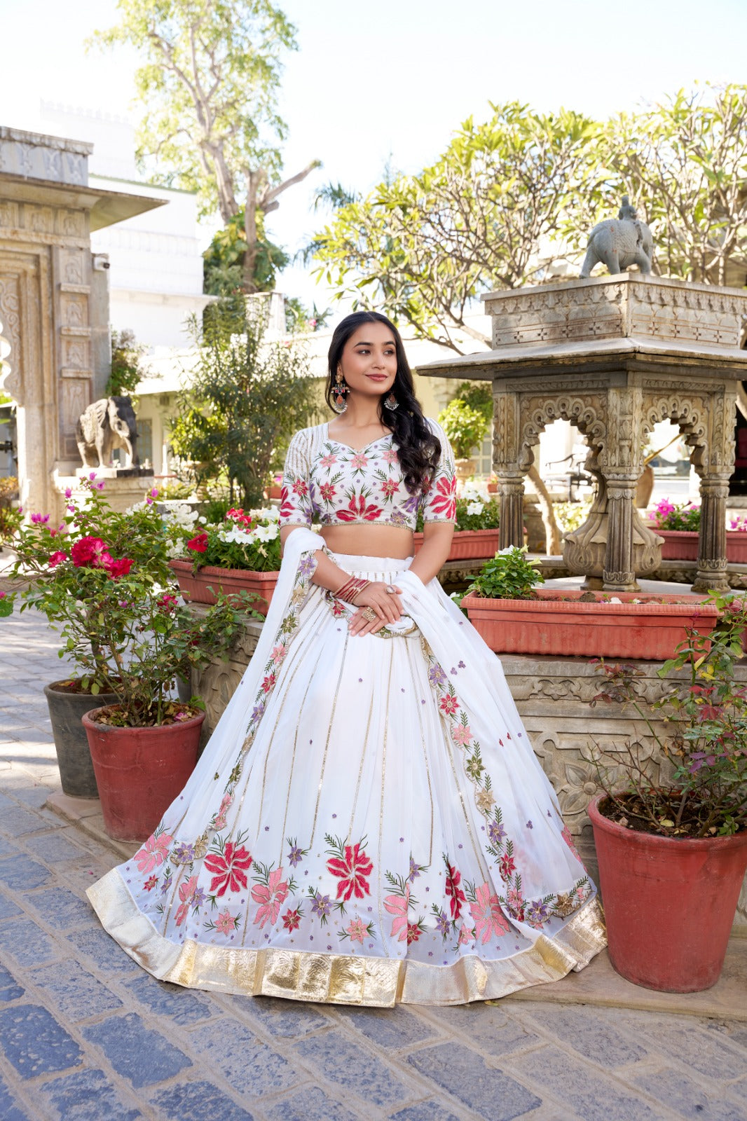 Wonderful  Georgette Embroidery Work With Design Lace White color Lehenga Choli