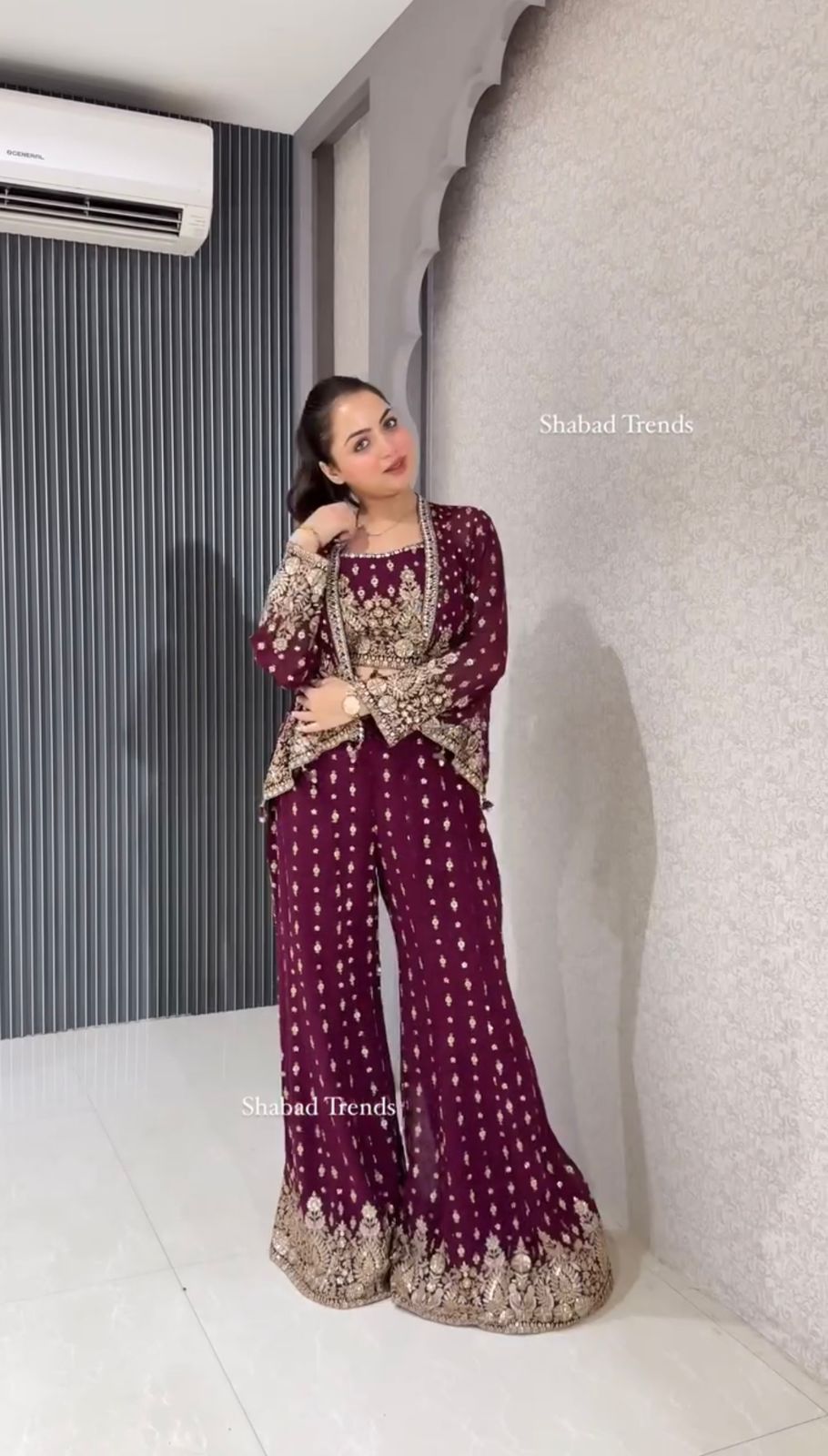 Elegant Fox Georgette Embroidery Work Maroon color KOTI BLOUSE SUIT SET