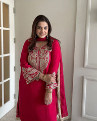Presenting Pure Chinnon Silk With Embroidery Sequence Work Red color Top-Bottom