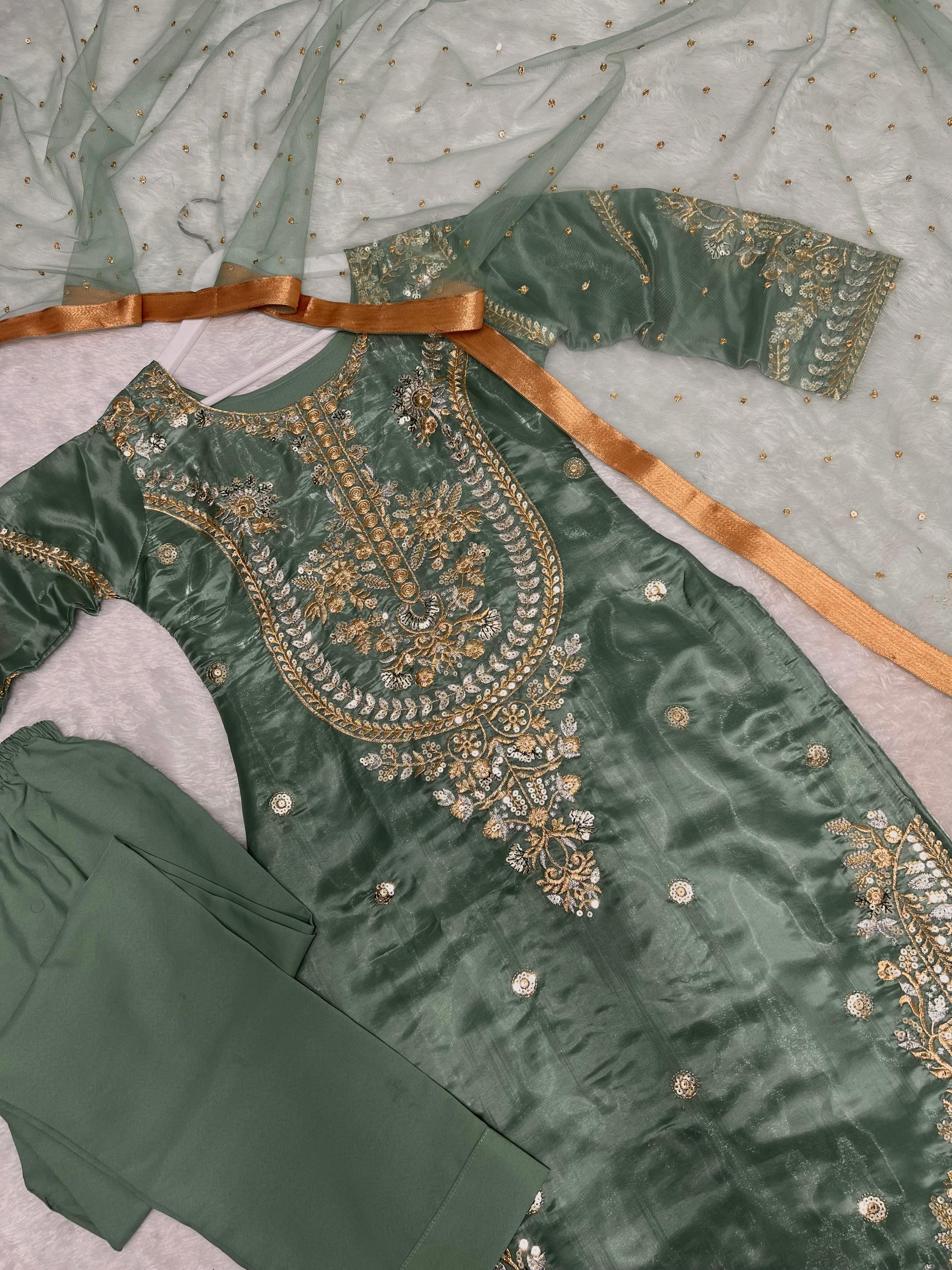 Daisy Pista Color Silk Embroidery Anarkali Suit