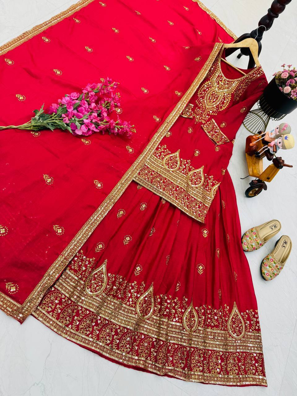 Pretty Mustard Chinon Silk Embroidery Sequence Work Top With Lehenga