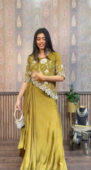 Trendy Sequence Work Mehndi Color Top With Skirt