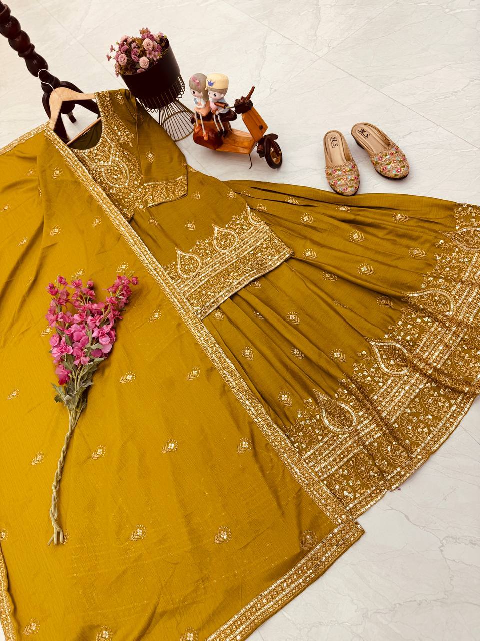 Pretty Mustard Chinon Silk Embroidery Sequence Work Top With Lehenga