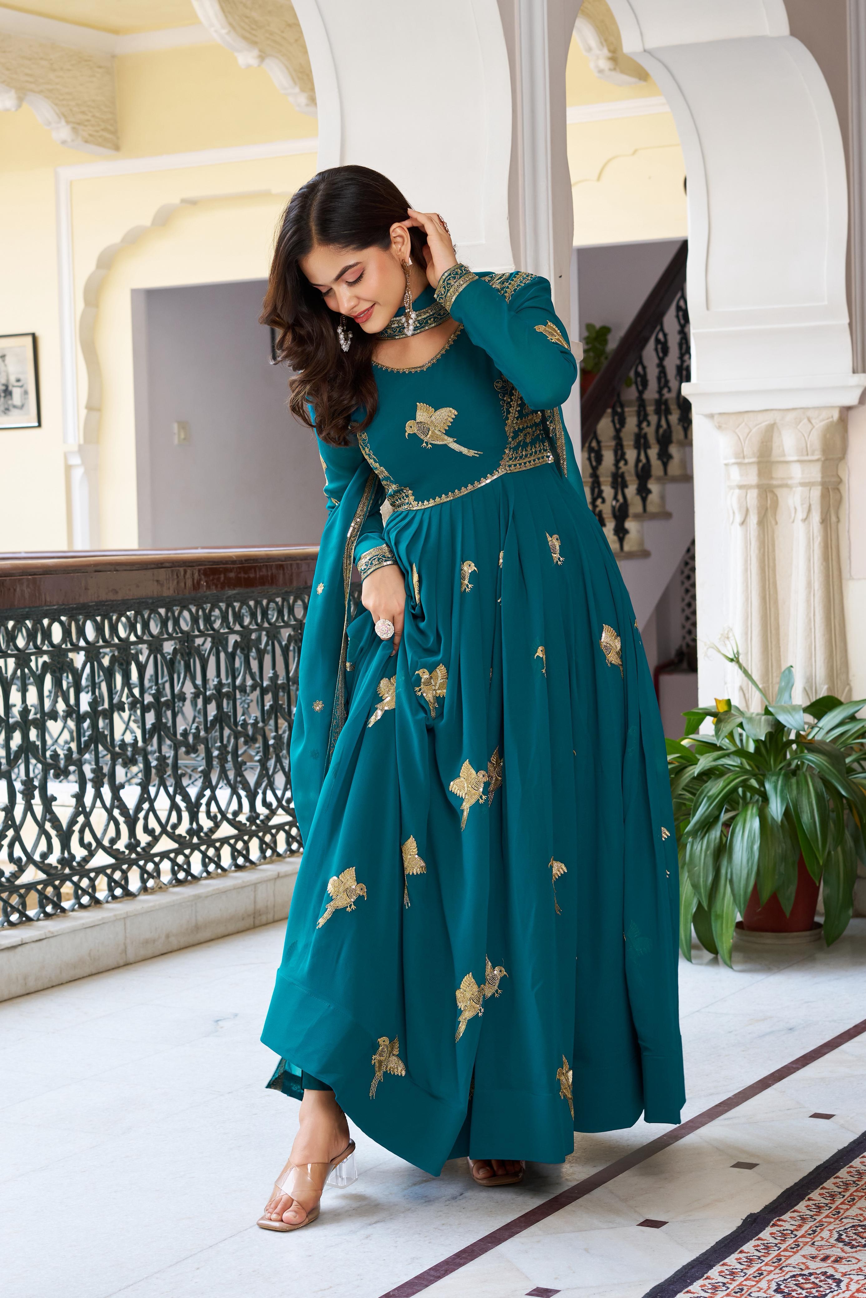 Glorious Pink Georgette Thread Work Gown