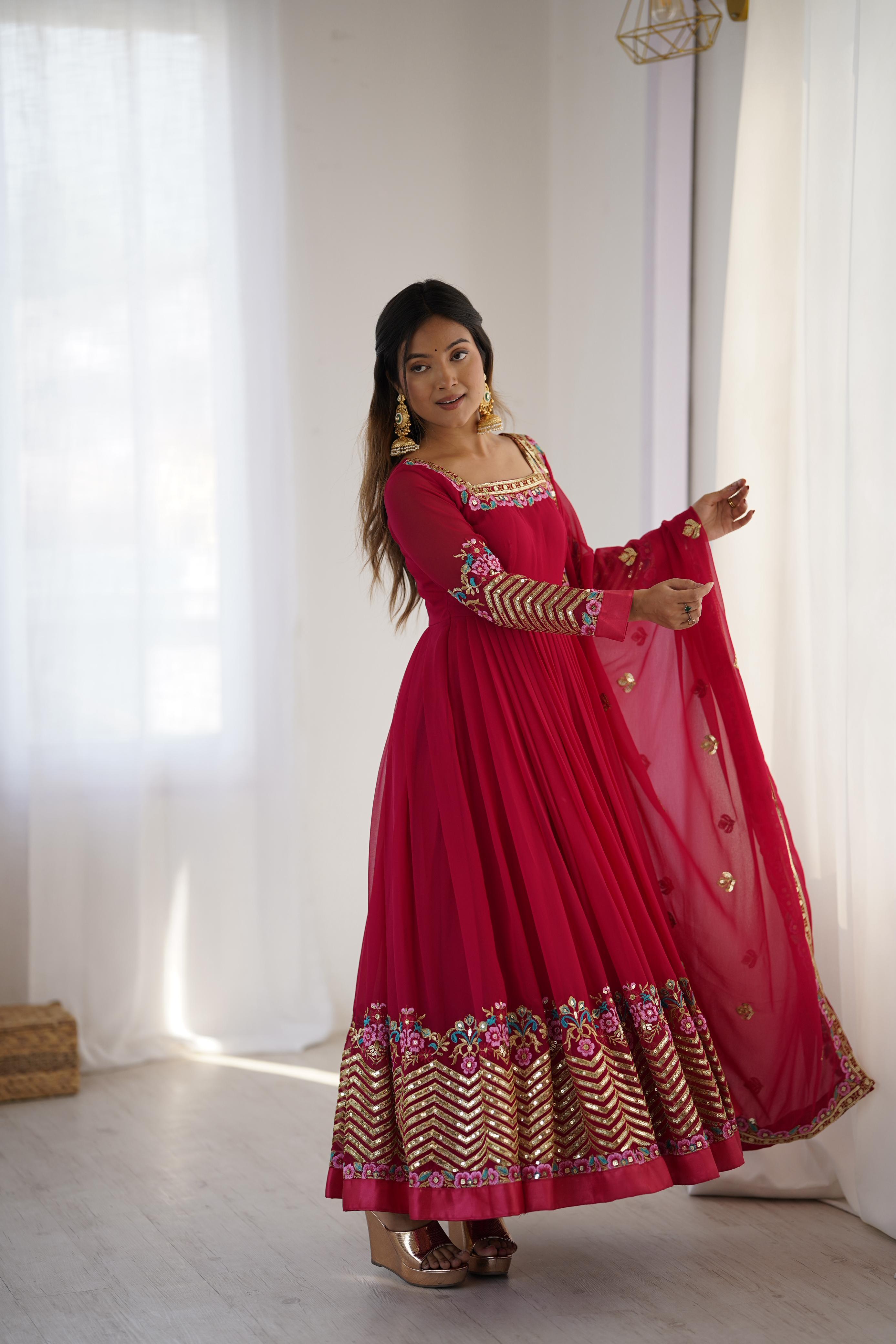 Trendy Red Georgette Embroidery Work Gown