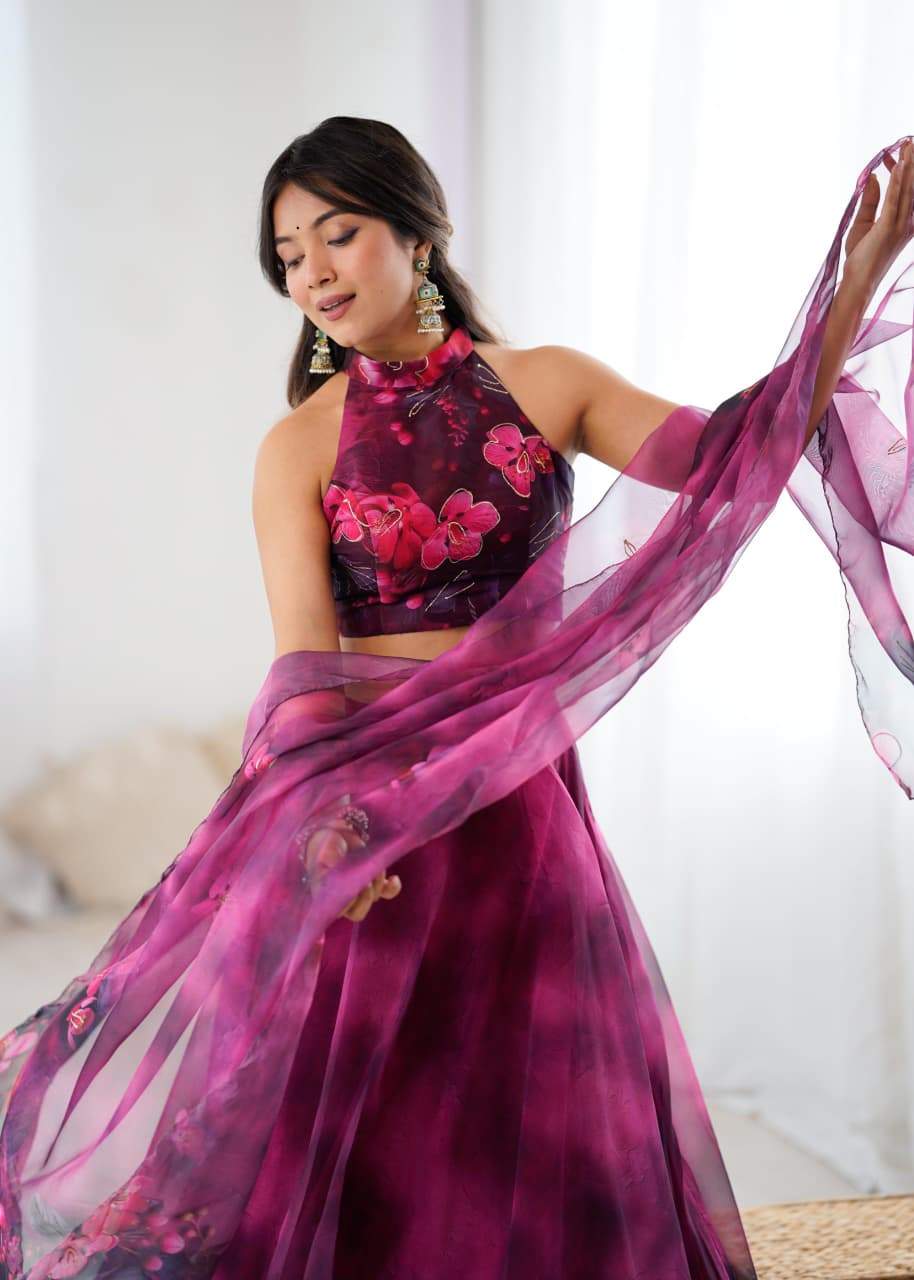 Lovely Pink Color Flower Printed Organza Lehenga Set