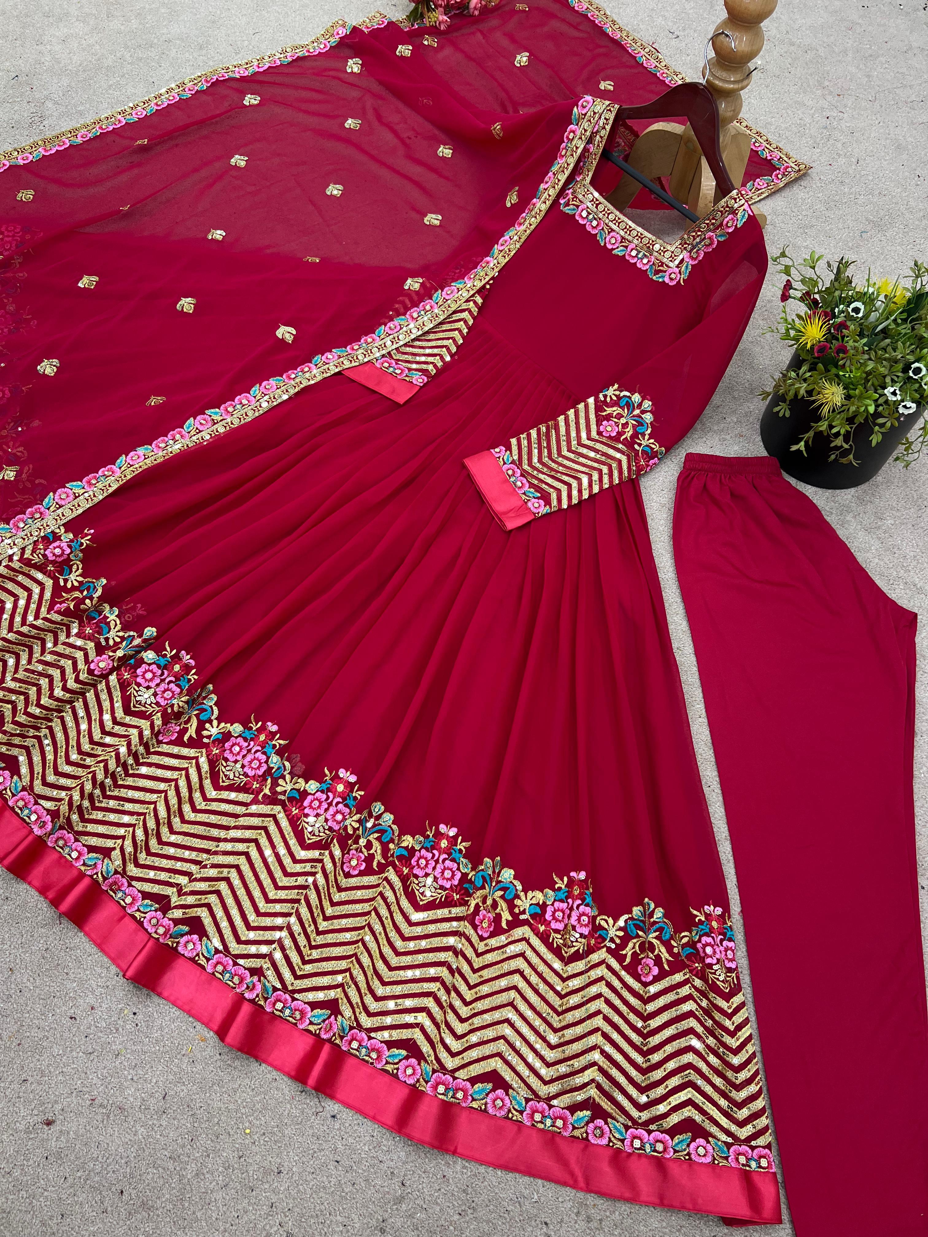 Trendy Red Georgette Embroidery Work Gown