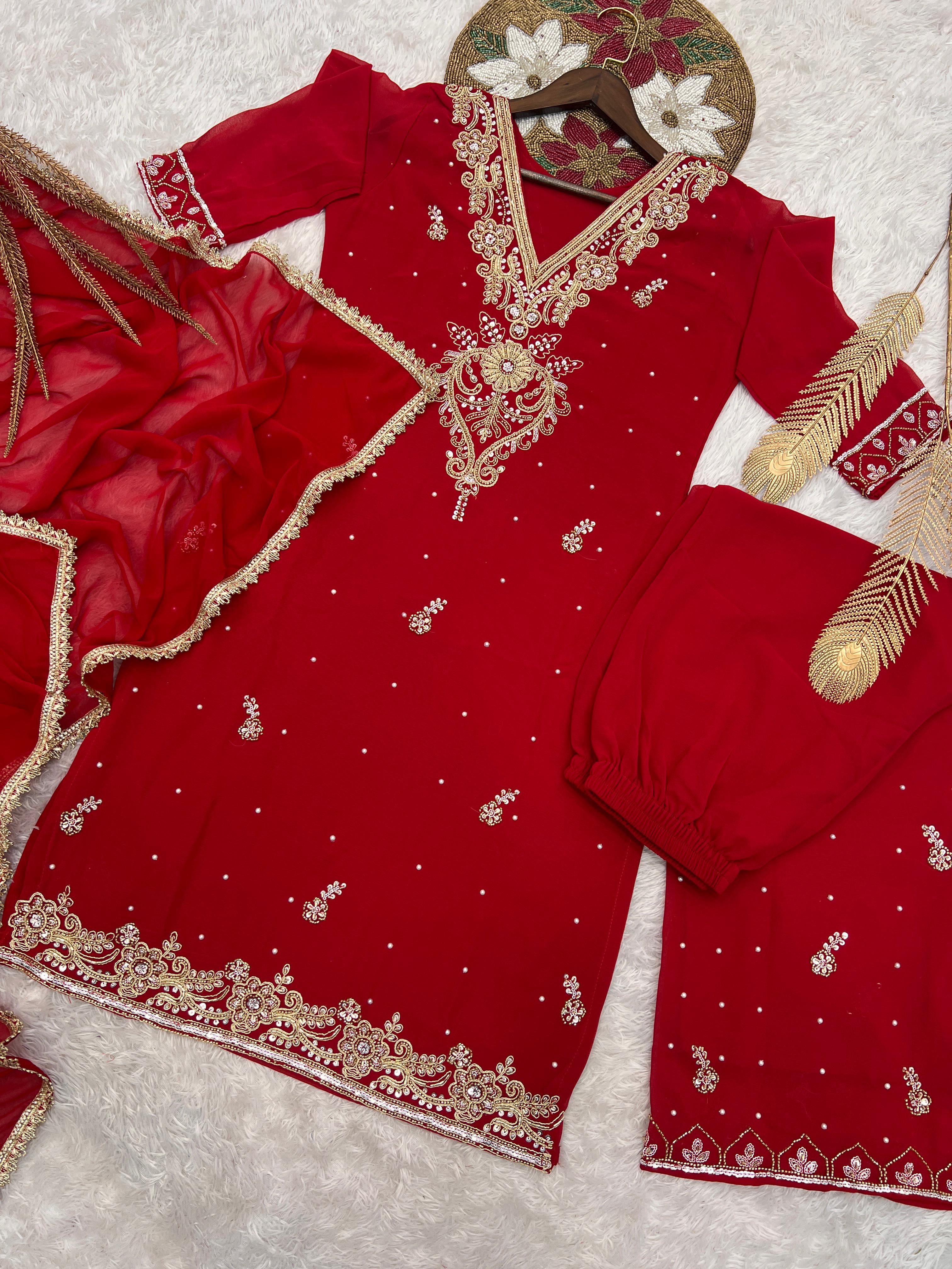 Lovely Red Georgette Embroidery Palazzo Suit