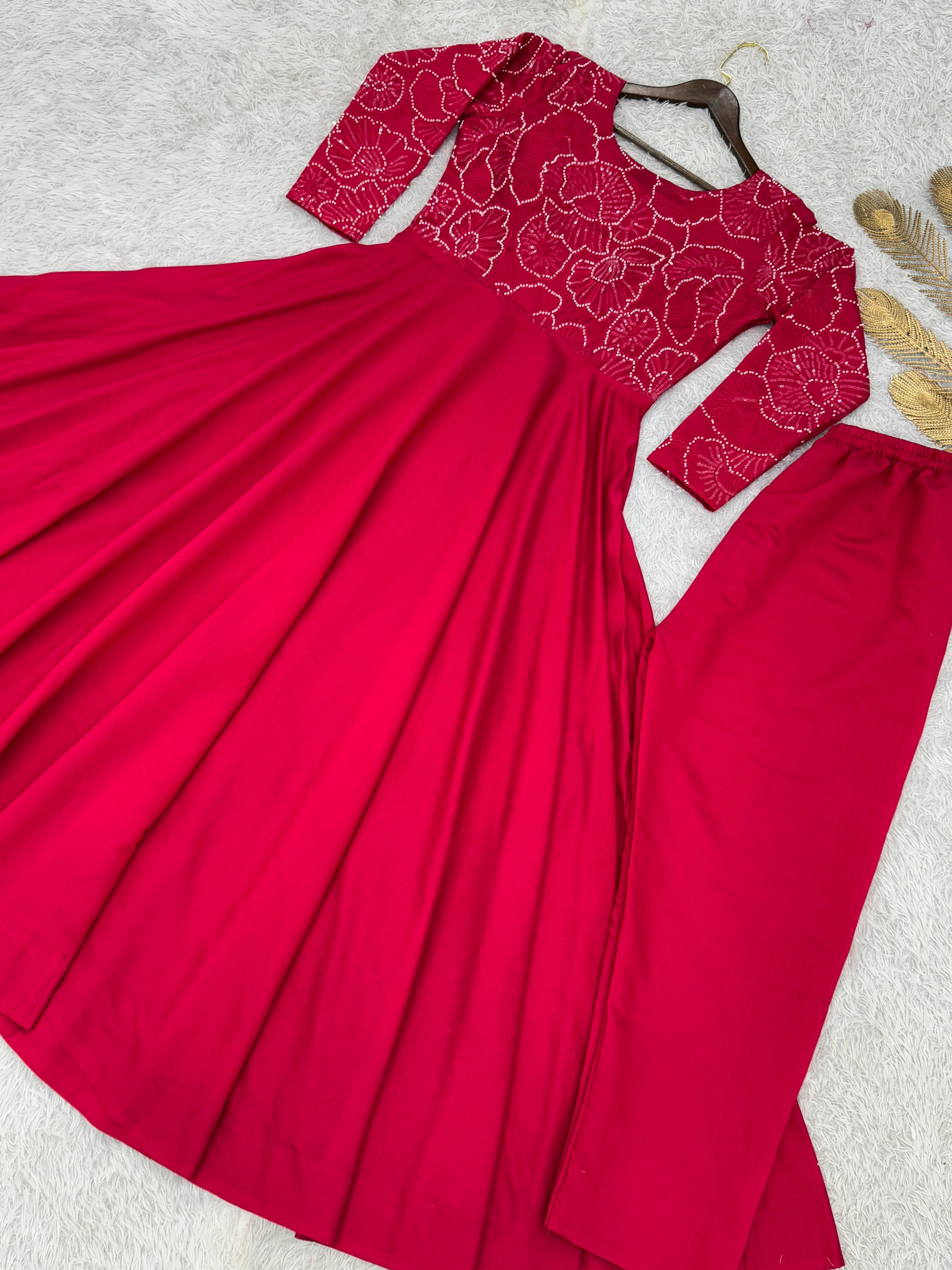 Gorgeous Red Roman Silk with Embroidery Work Gown