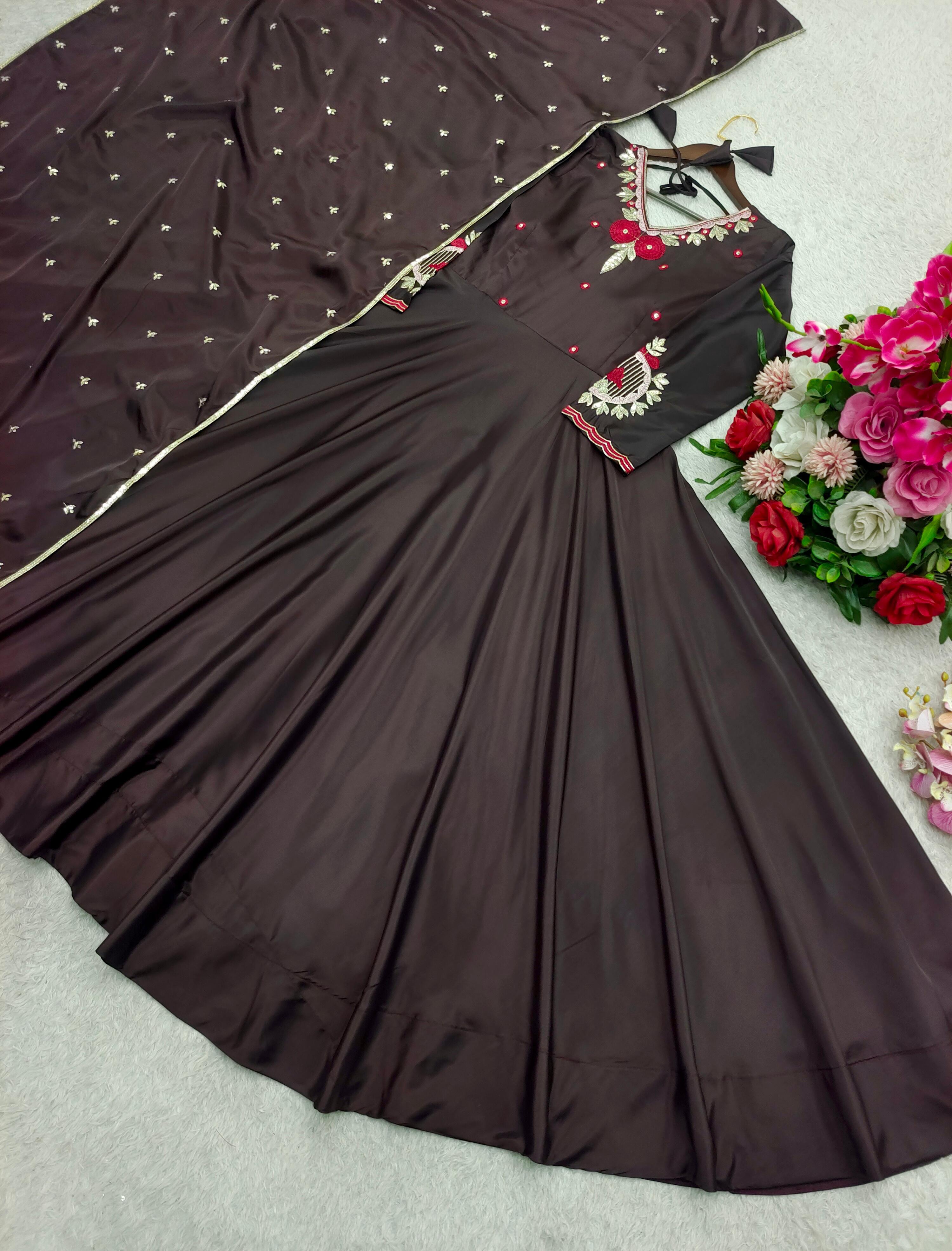 Ravishing Brown Satin Silk Sequence Work Gown