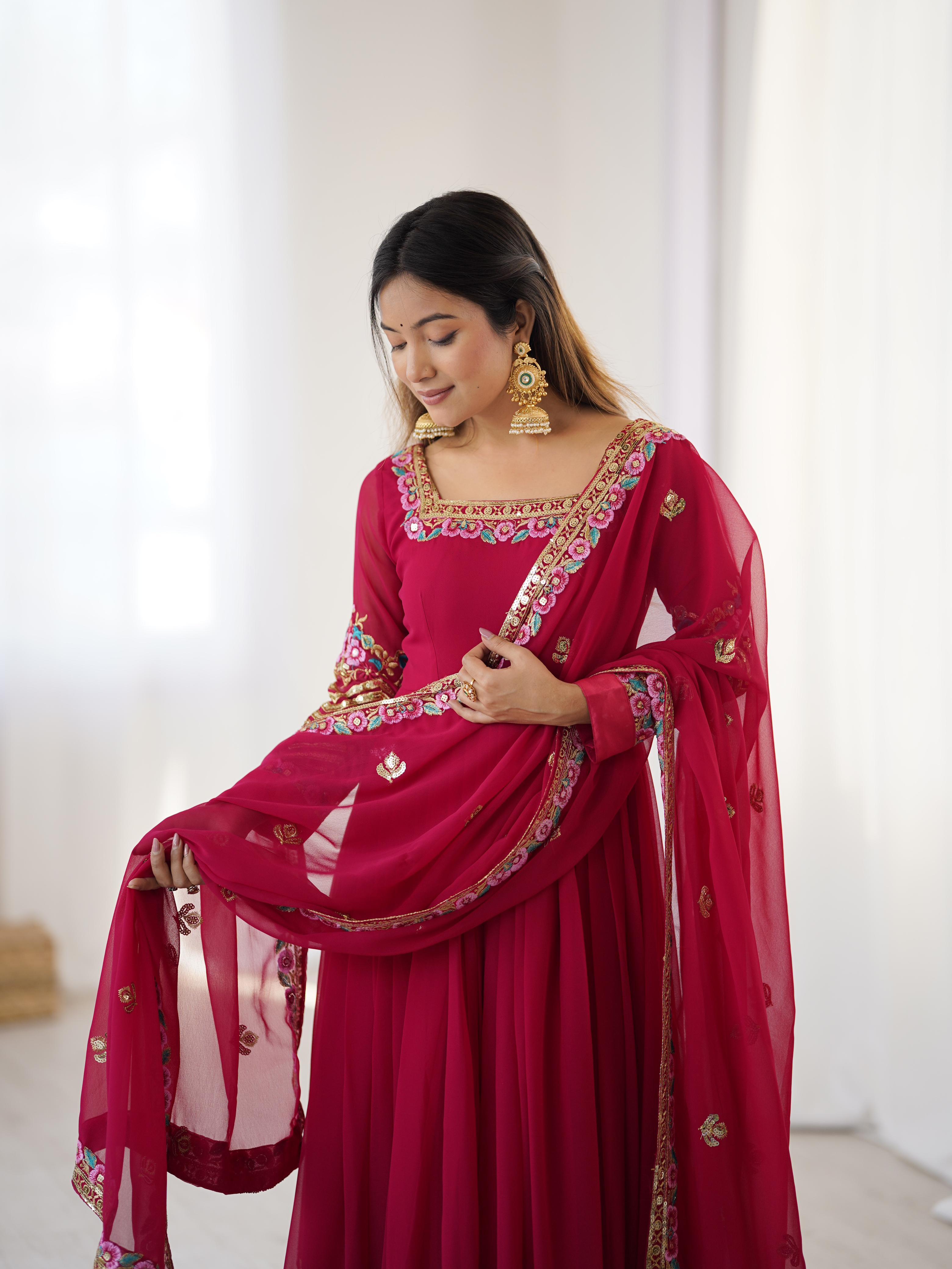Trendy Red Georgette Embroidery Work Gown