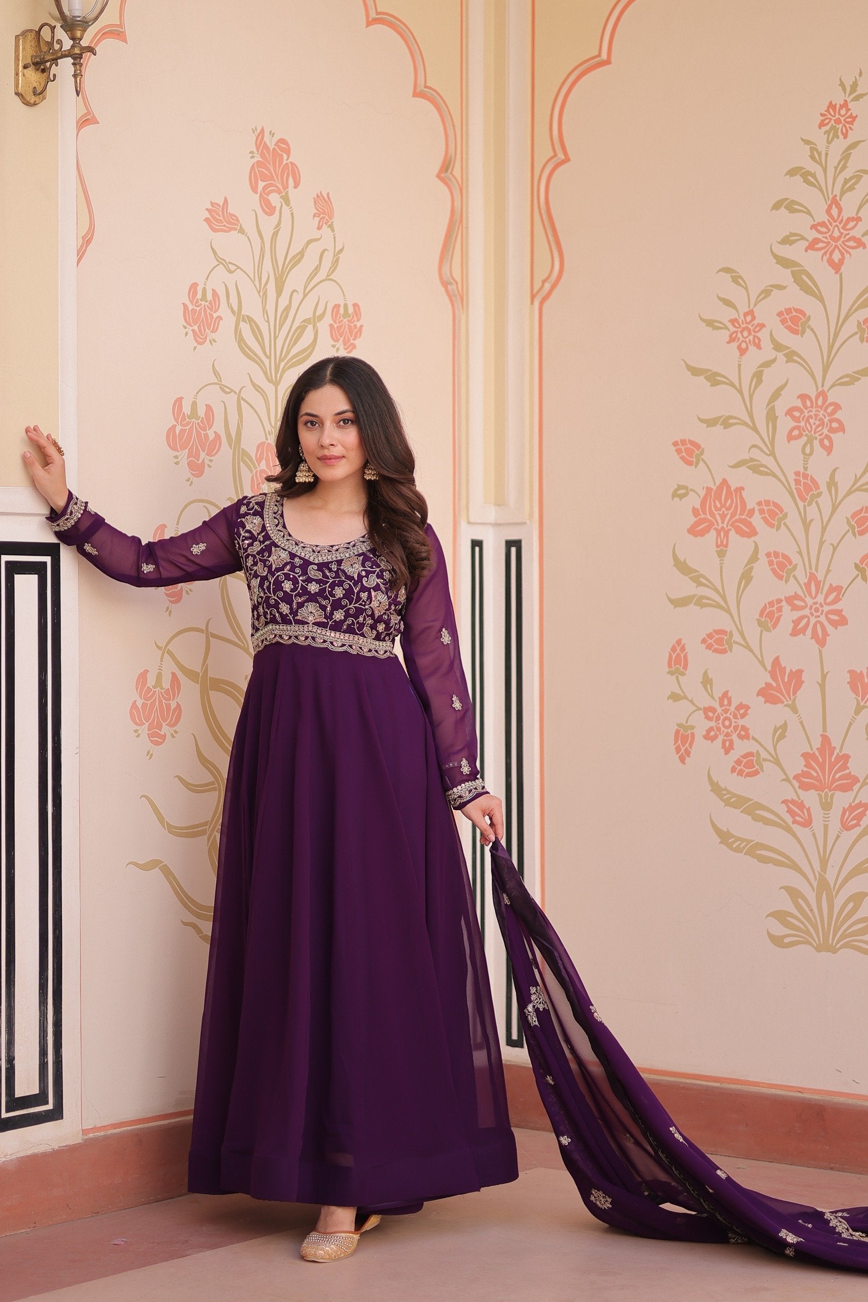 Awesome Red Color Beads With Embroidery Work Gown