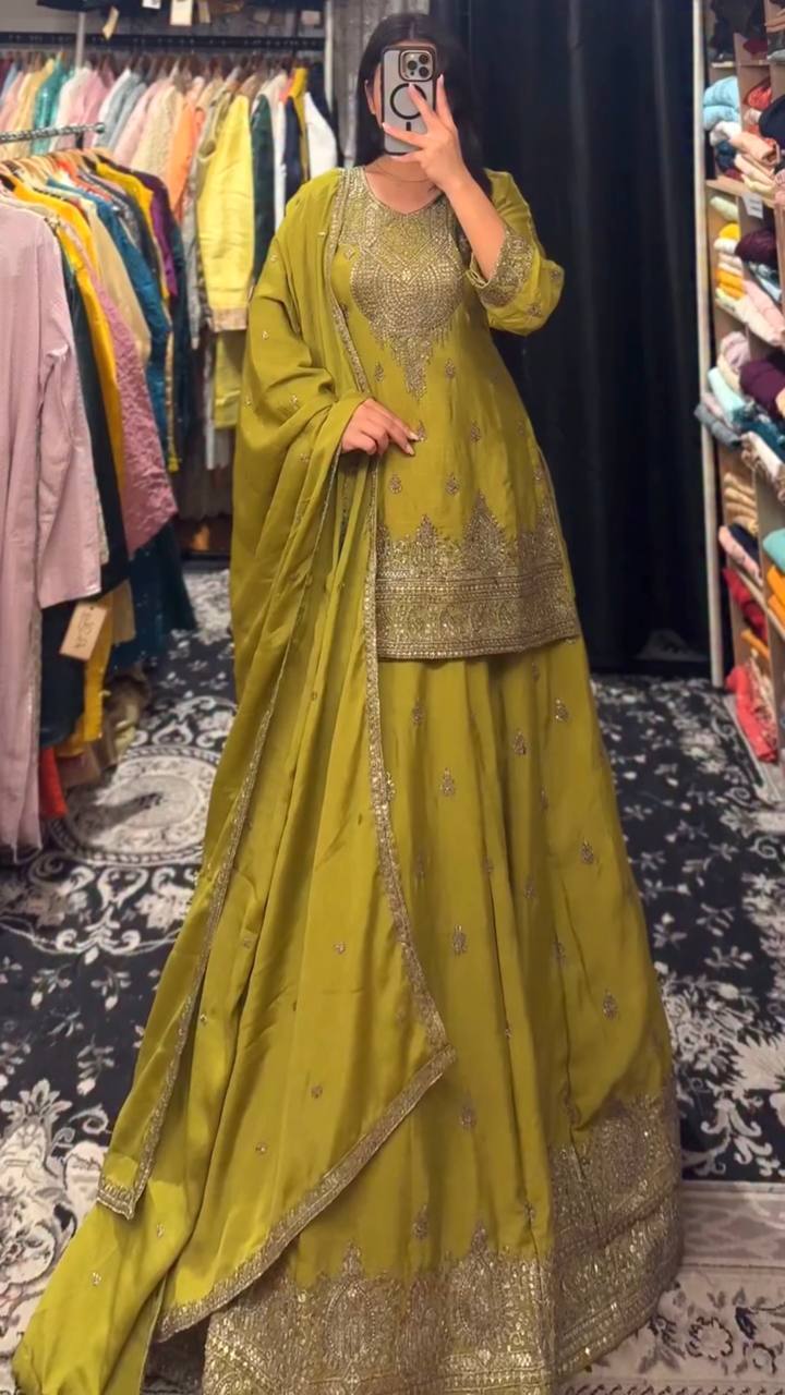 Pretty Mustard Chinon Silk Embroidery Sequence Work Top With Lehenga