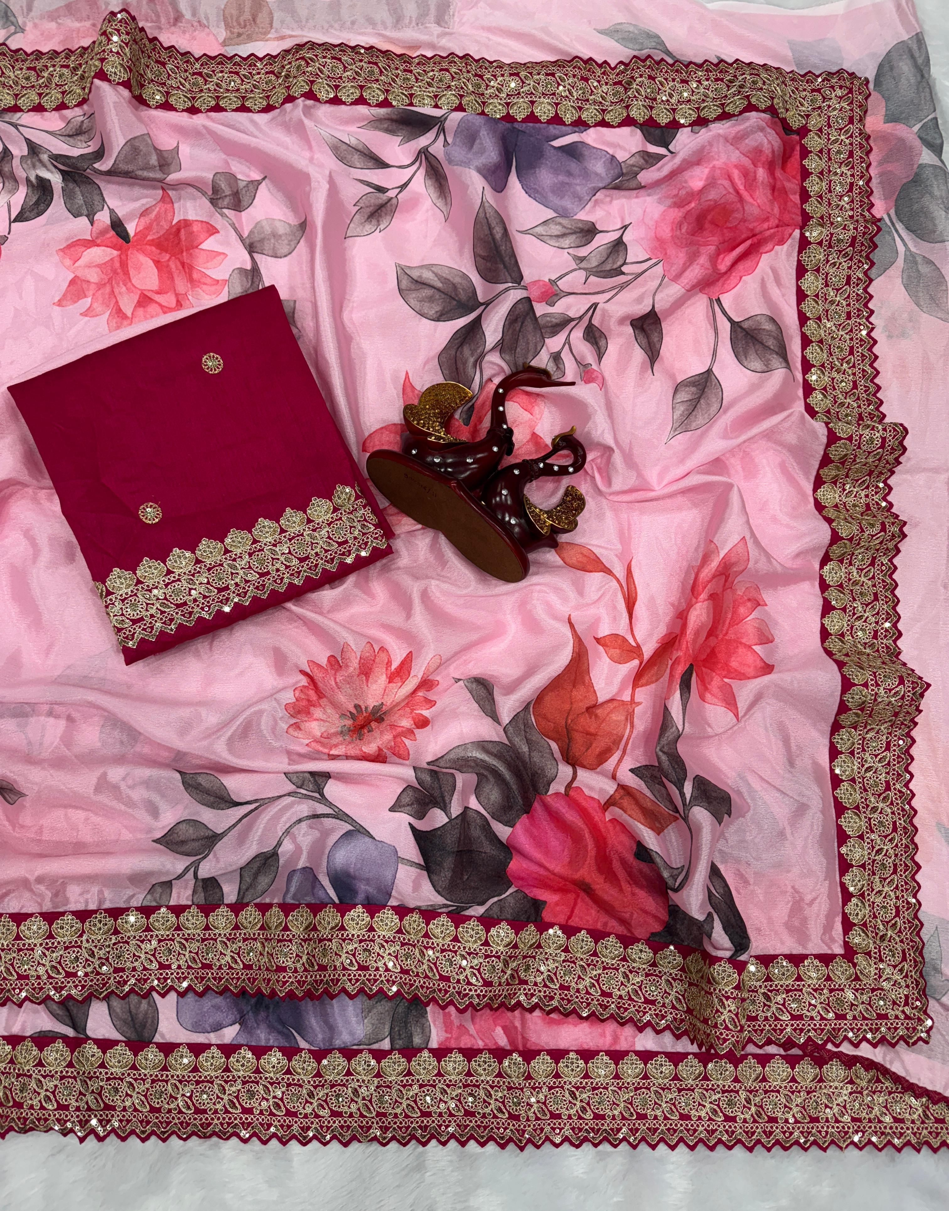 Gorgeous Pink Color Flower Printed Silk Saree