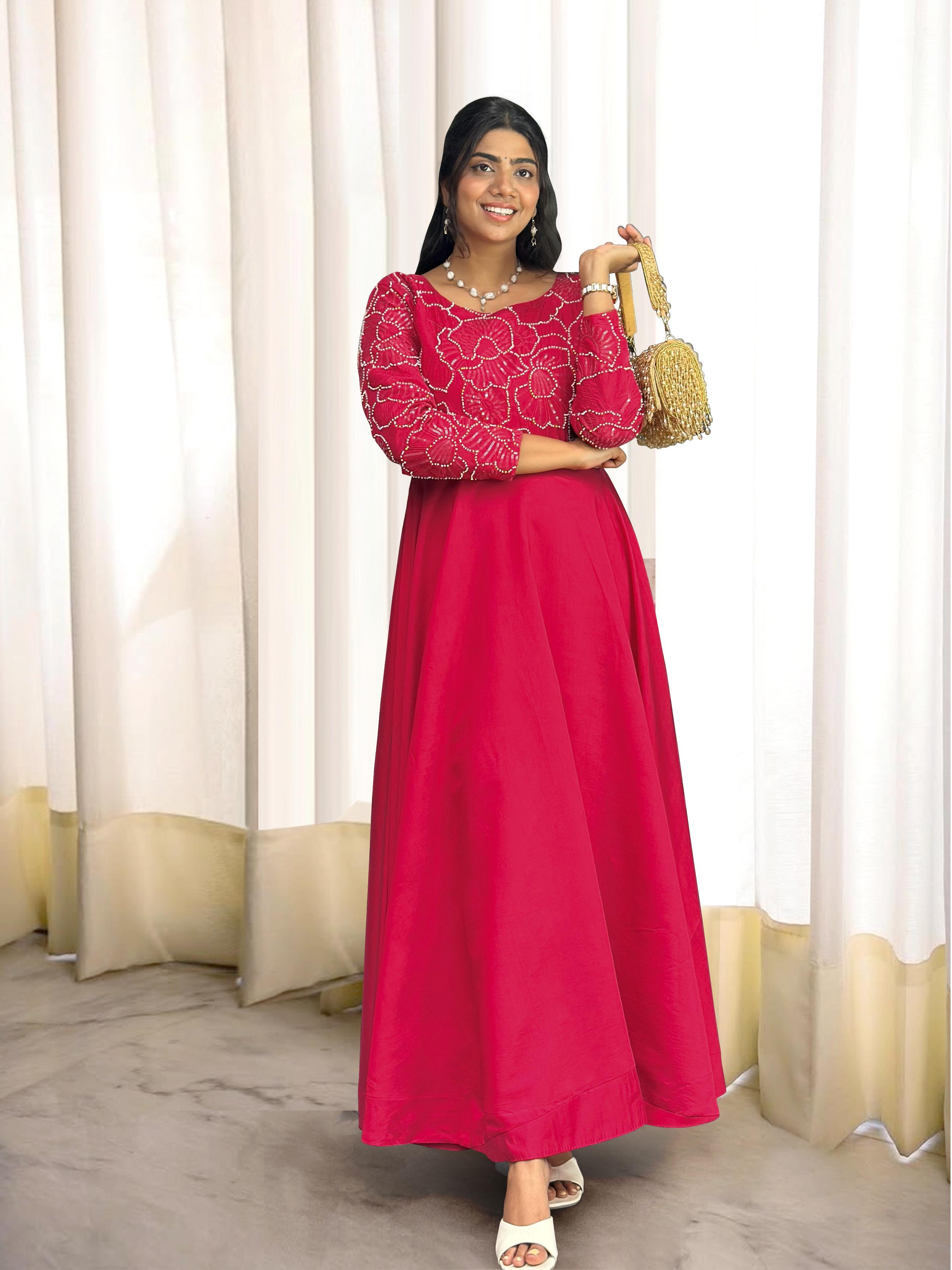 Gorgeous Red Roman Silk with Embroidery Work Gown