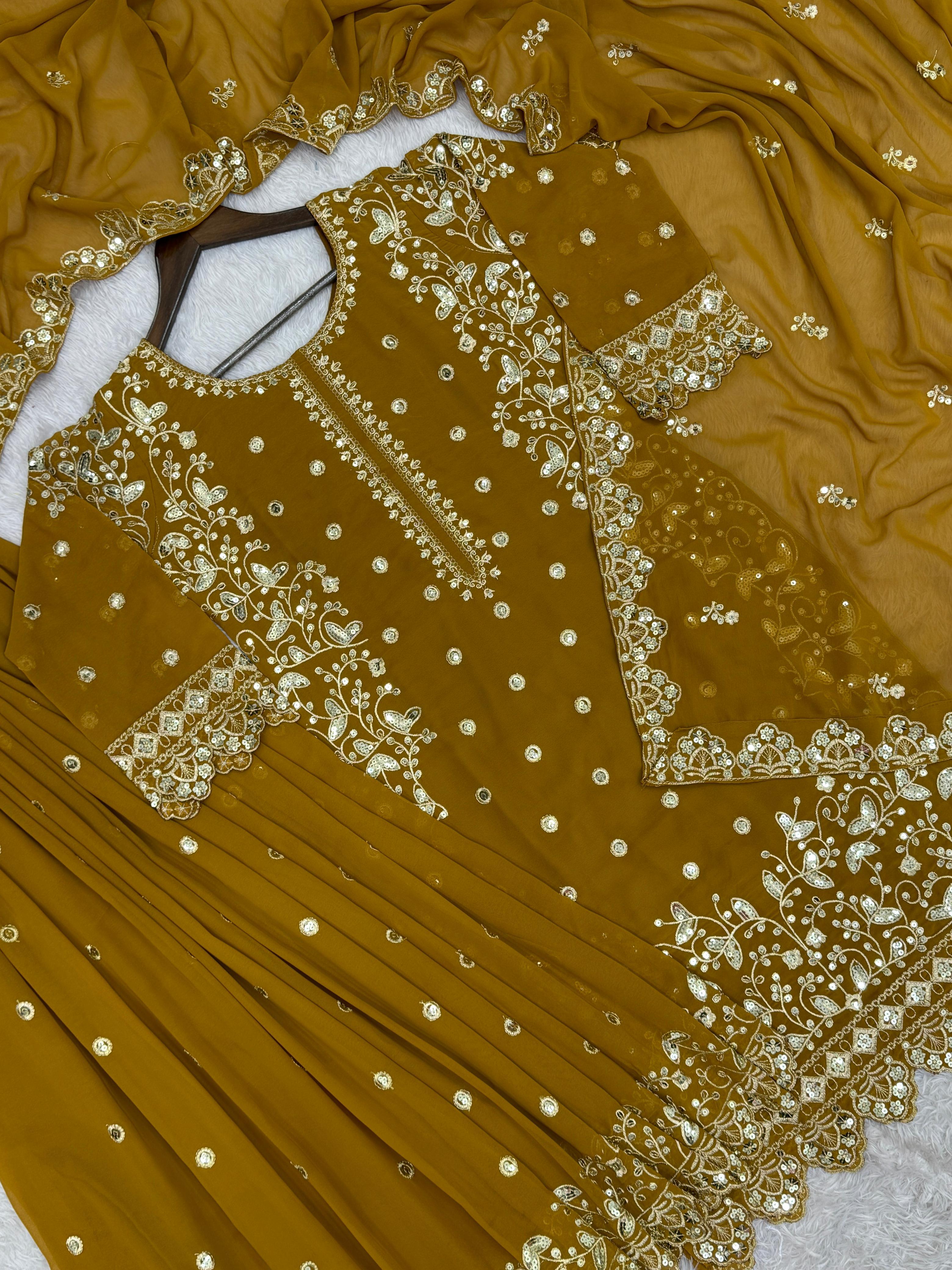 Lovely Mustard Color Georgette Sequence Work Sharara Suit