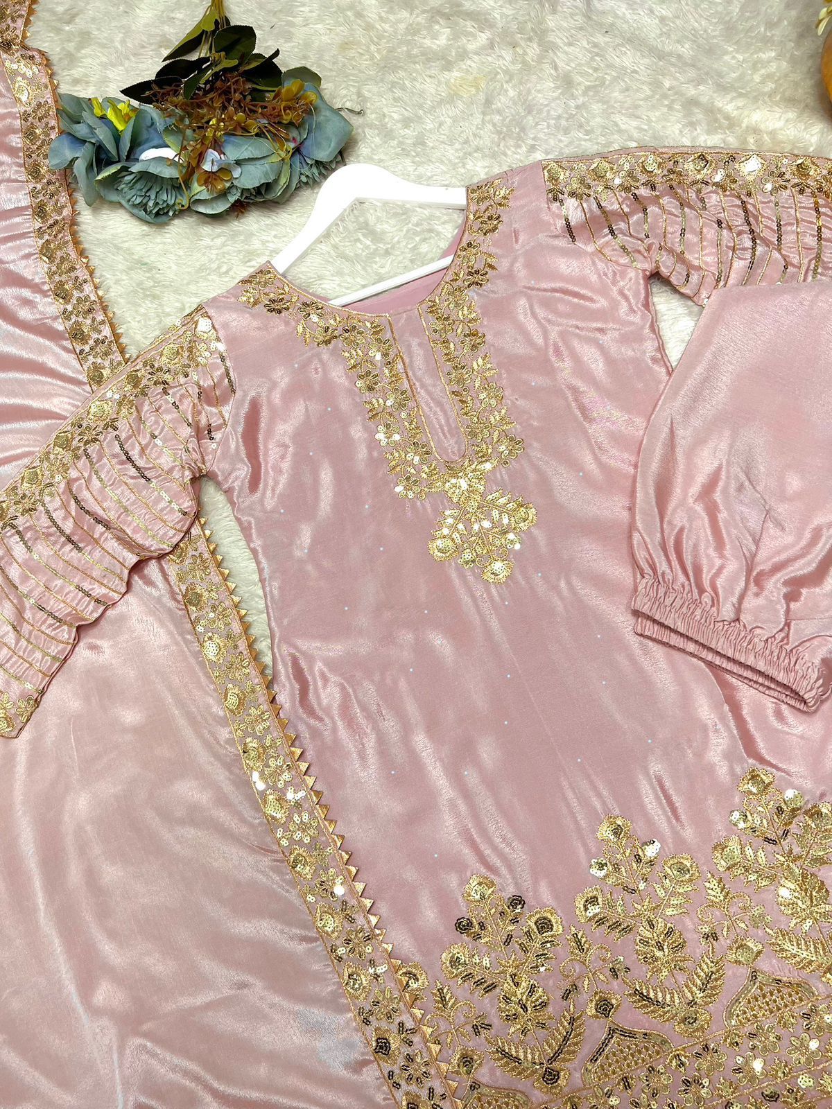 Fancy Pink Chinon Silk Sequence Work Palazzo Suit