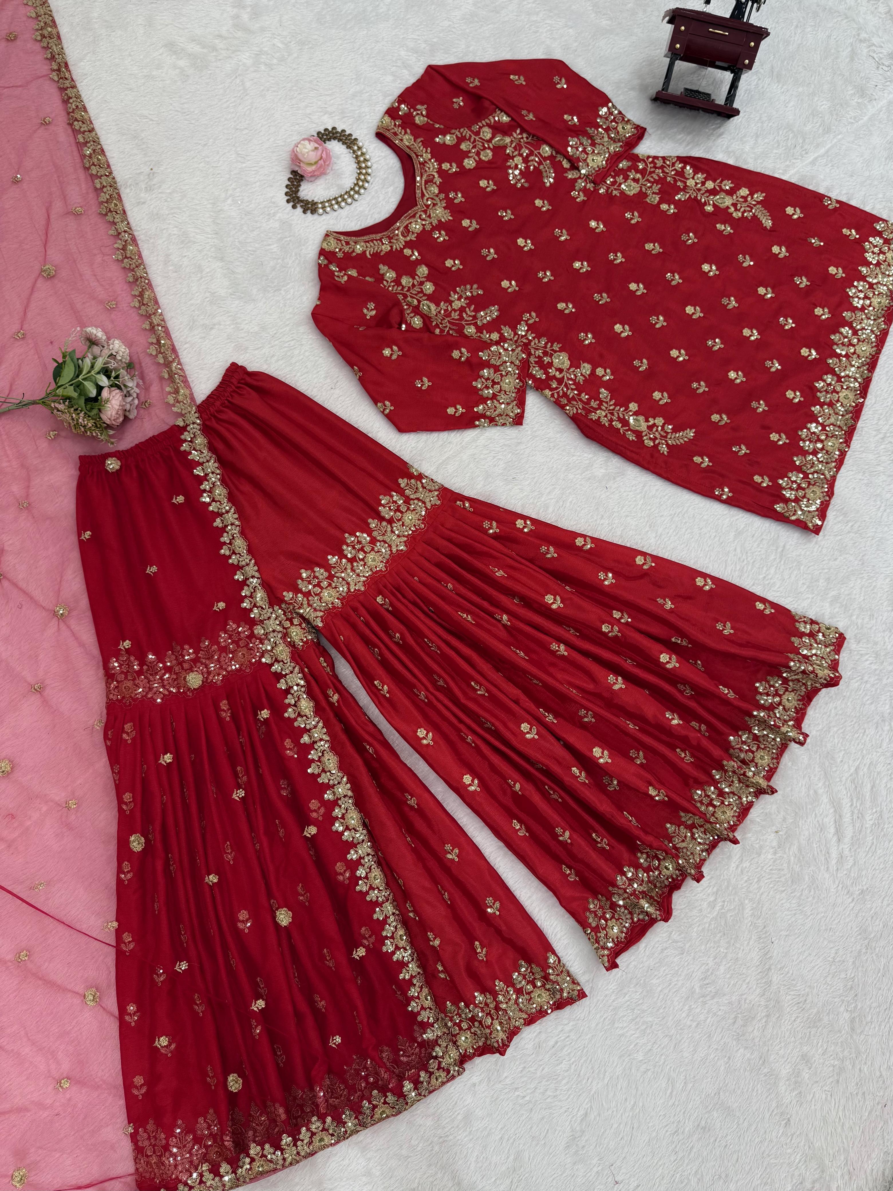 Lovely Red Chinon Silk Sequence Work Sharara Suit
