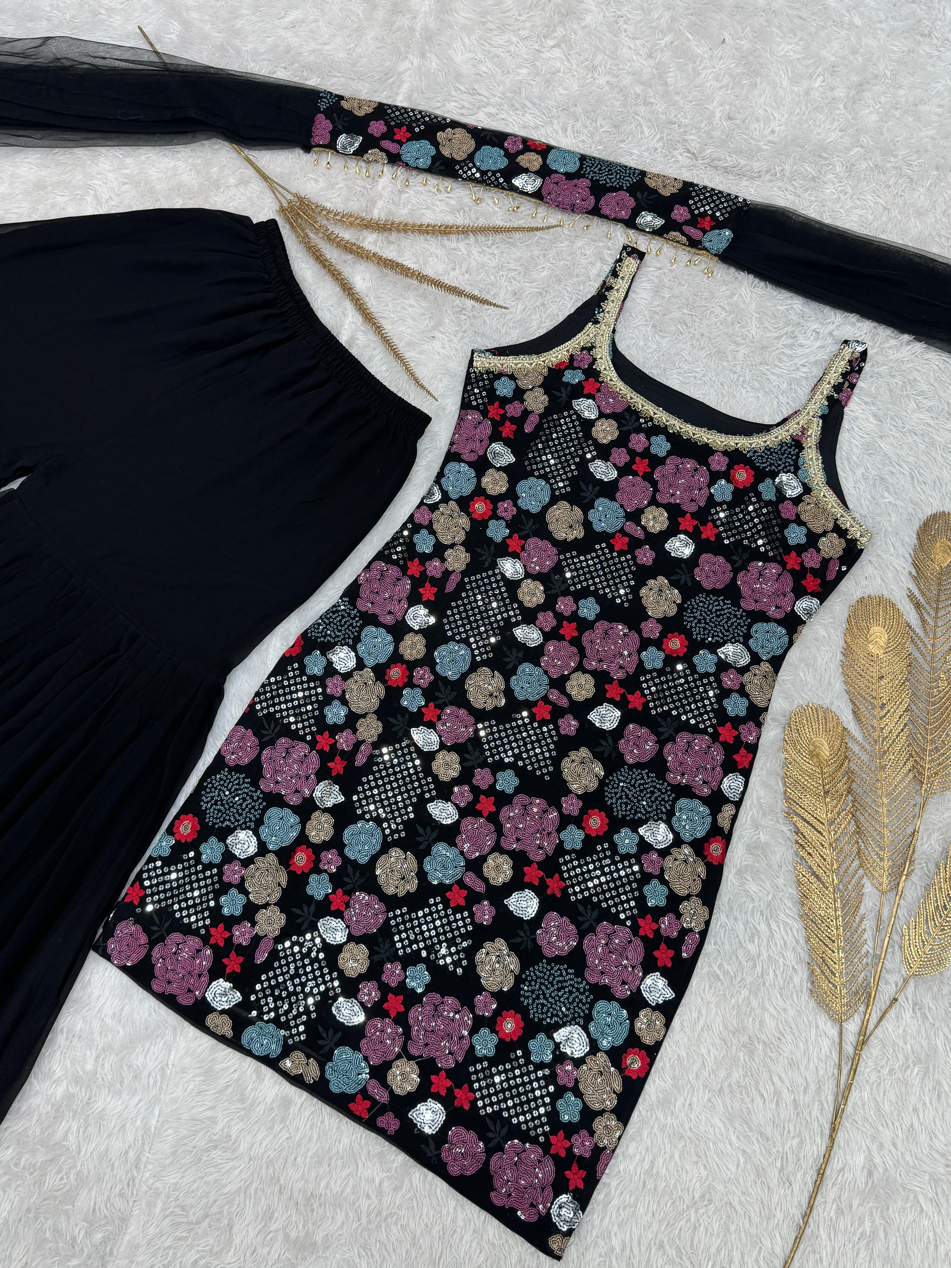 Marvelous Black Georgette Sequence Work Sharara Suit