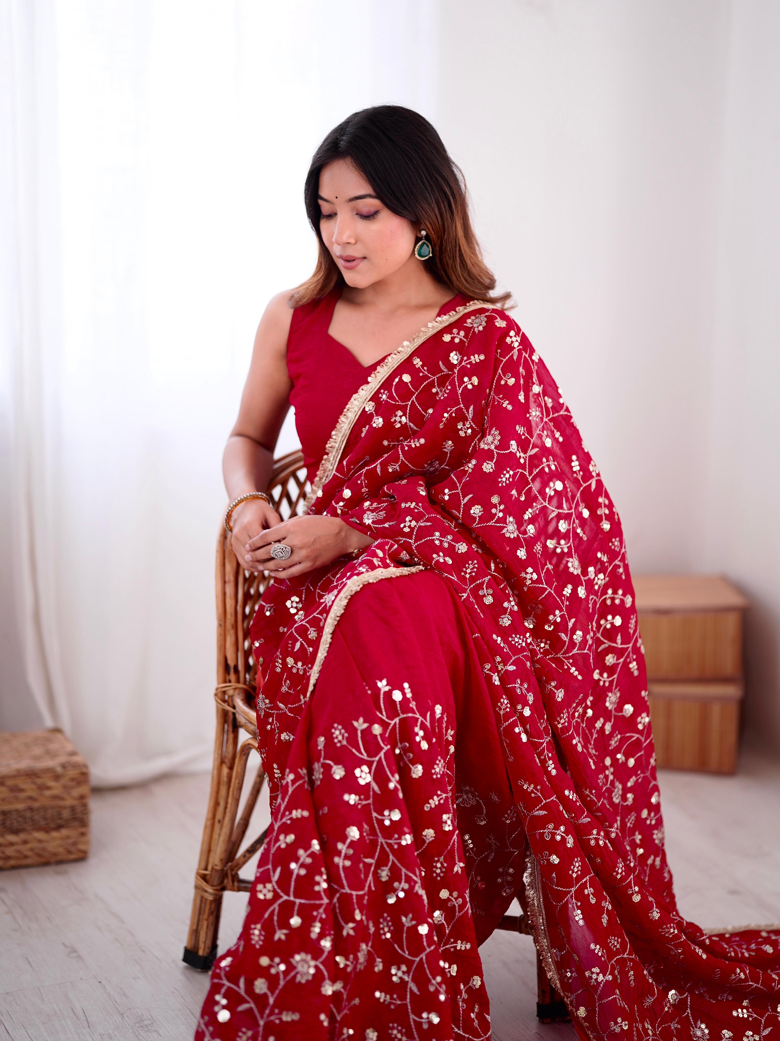 Lovely Red Crunchy Silk Embroidery Work Saree
