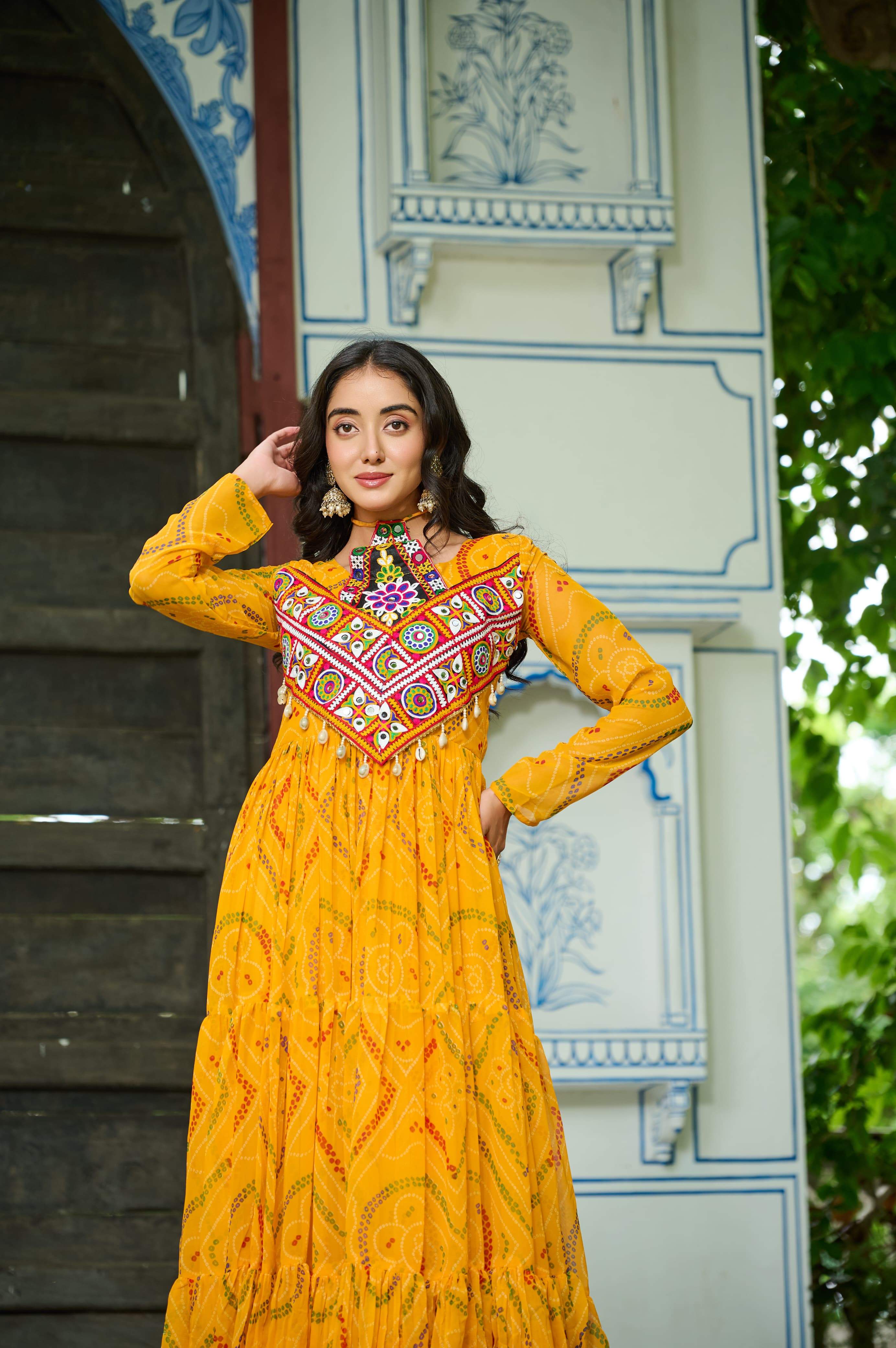 Pretty Pink Georgette Kutchi Work Gown For Navratri