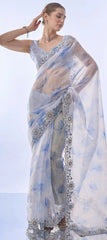 Ravishing Sky Blue Color Embroidery Work Silk Saree