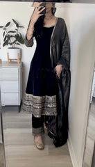 Buy Designer Viscose Velvet Embroidery sequence Work With Sleeves BlackColor Sharara Suit