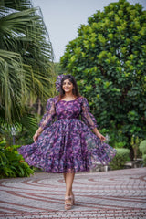 Wine Color Floral Printed Organza Fabric Gown