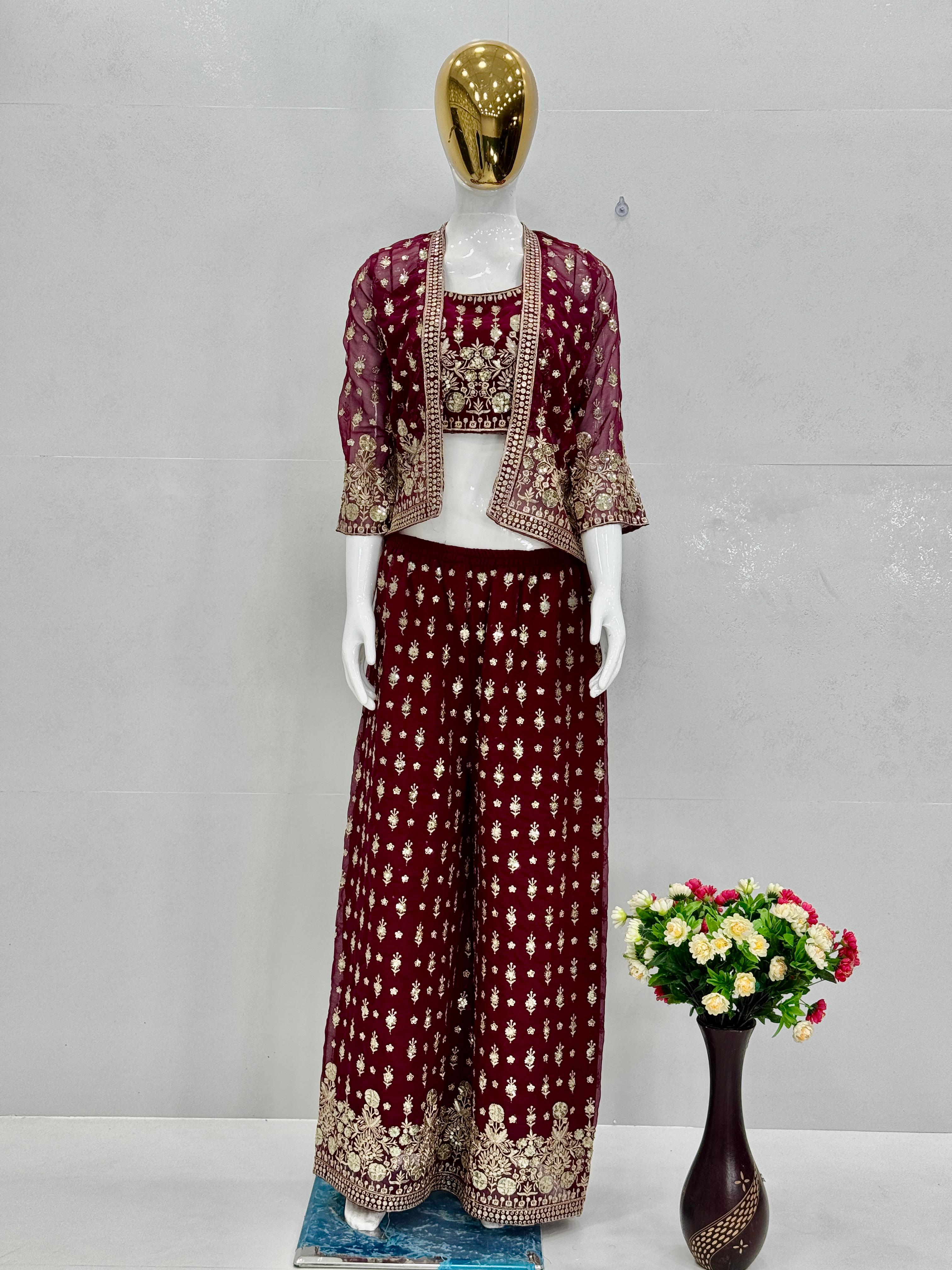 Elegant Fox Georgette Embroidery Work Maroon color KOTI BLOUSE SUIT SET
