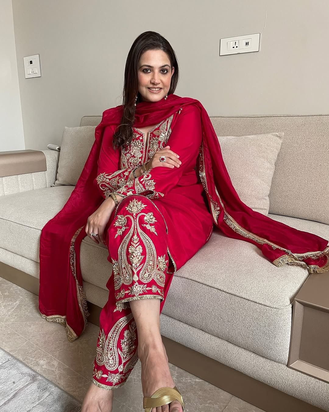 Presenting Pure Chinnon Silk With Embroidery Sequence Work Red color Top-Bottom