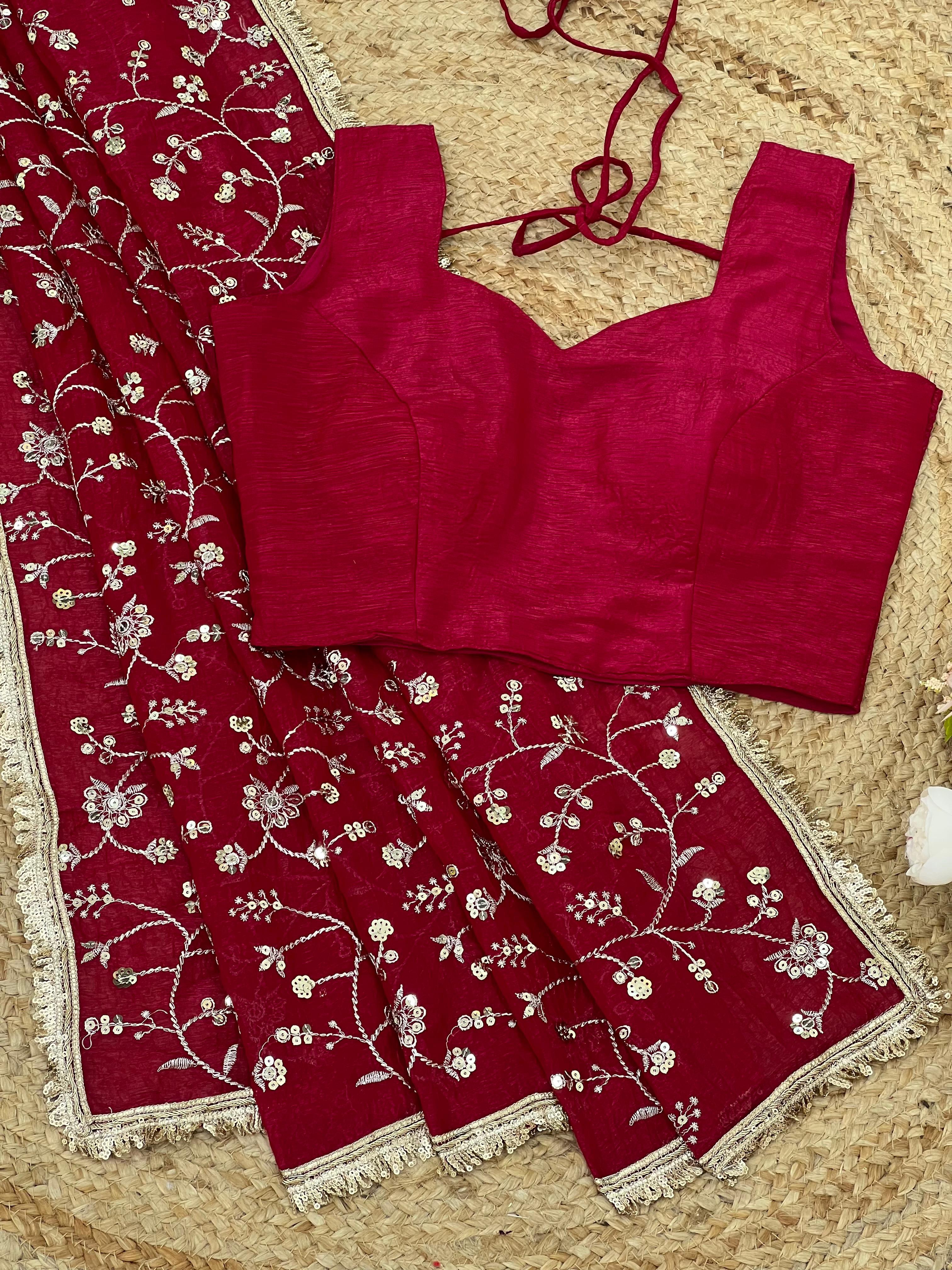 Lovely Red Crunchy Silk Embroidery Work Saree