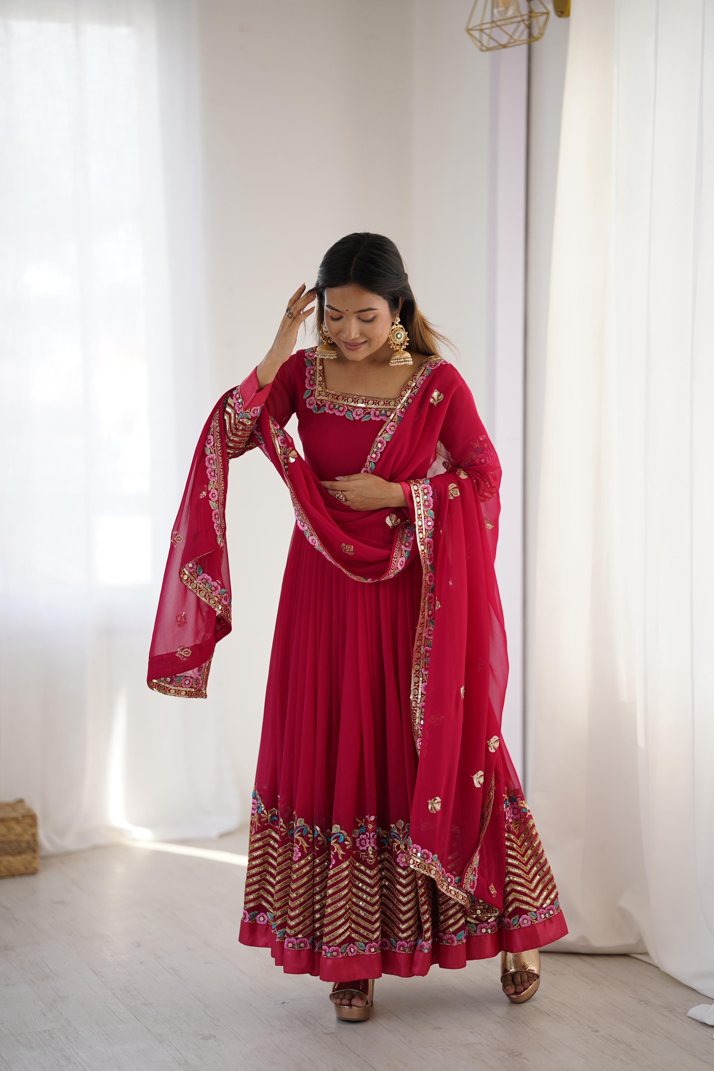 Trendy Red Georgette Embroidery Work Gown