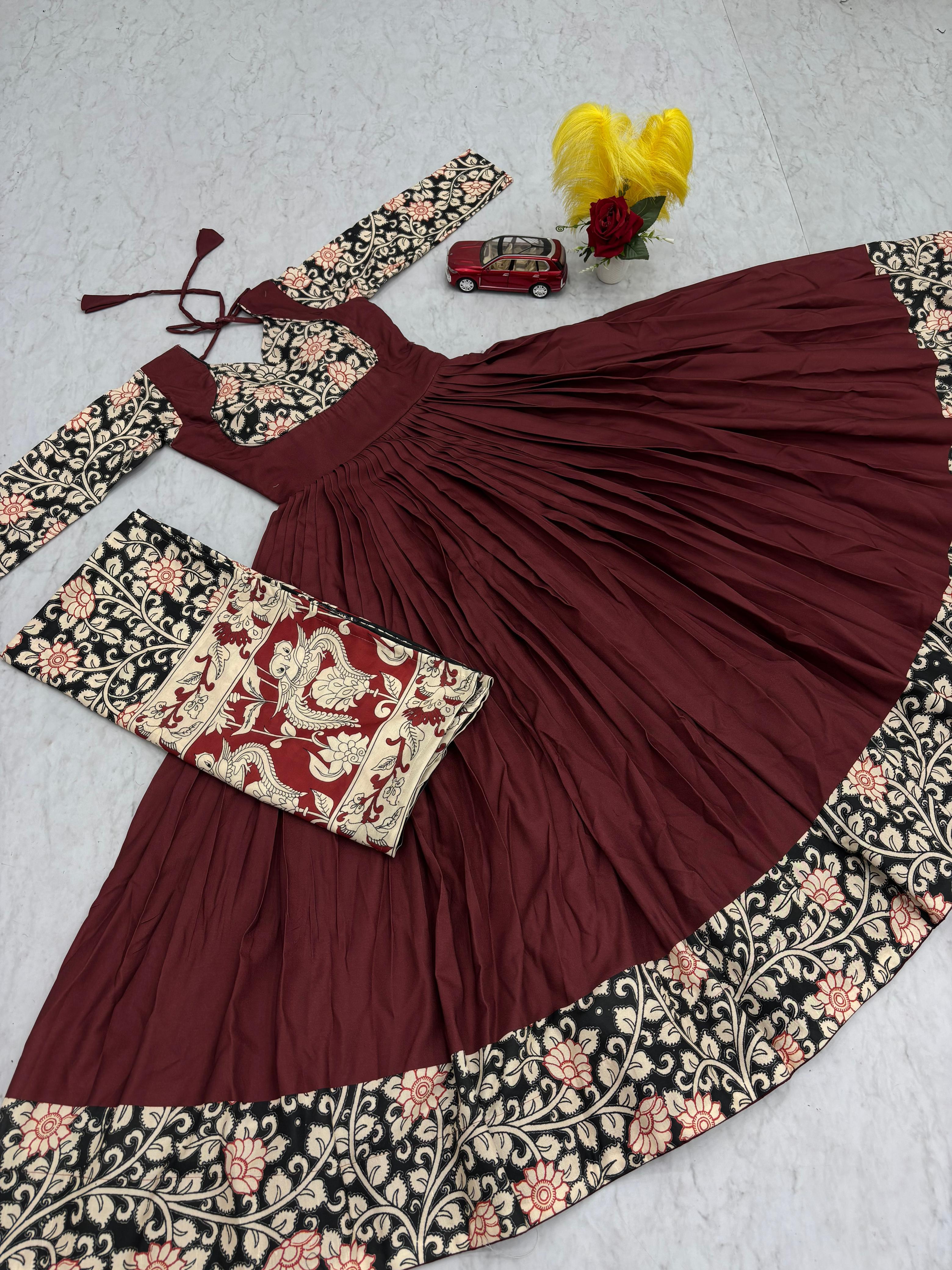 Stylish Peach Rayon Cotton Kalamkari Print Gown