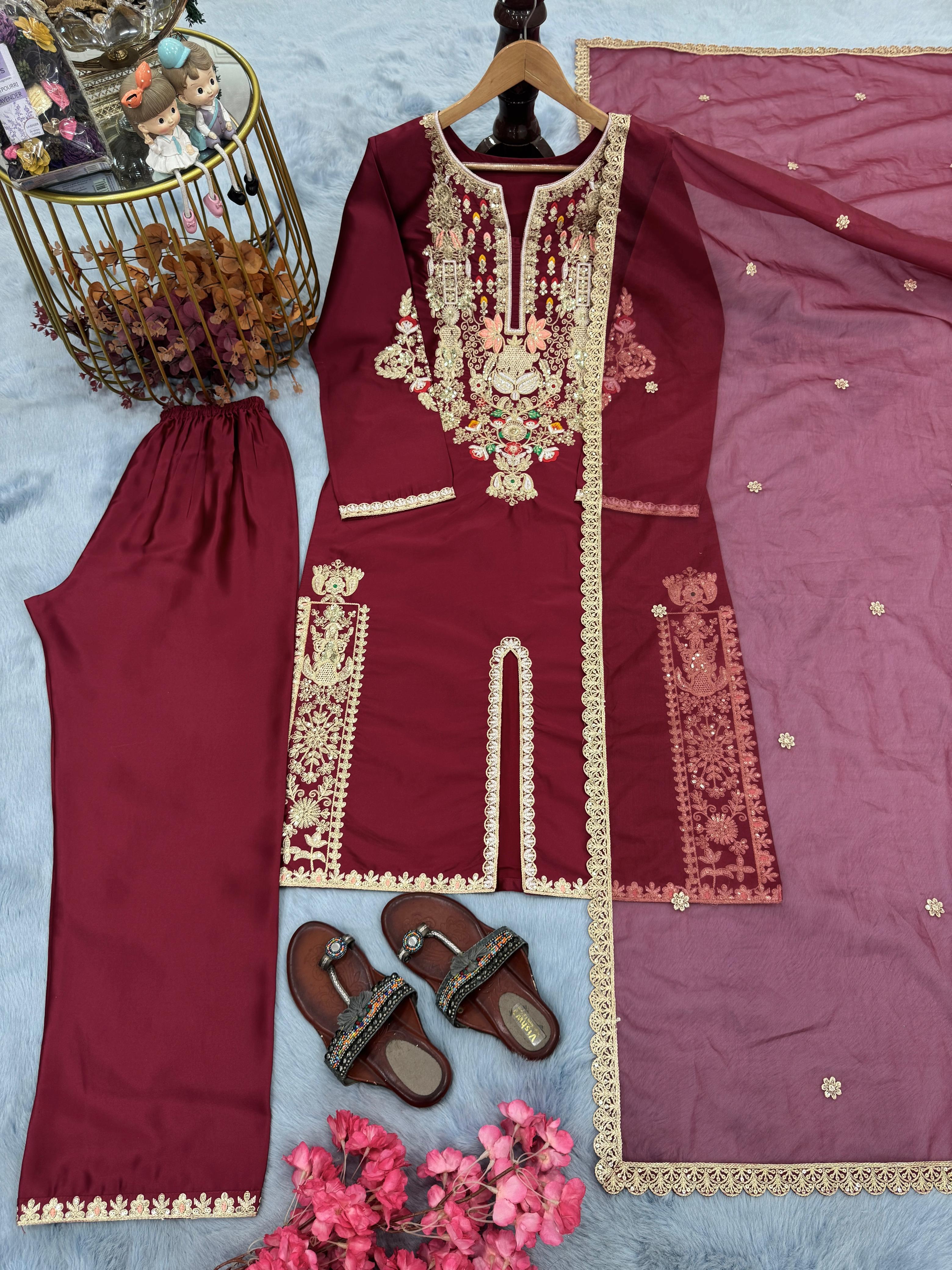 Pretty Maroon Satin Silk Work Palazzo Suit