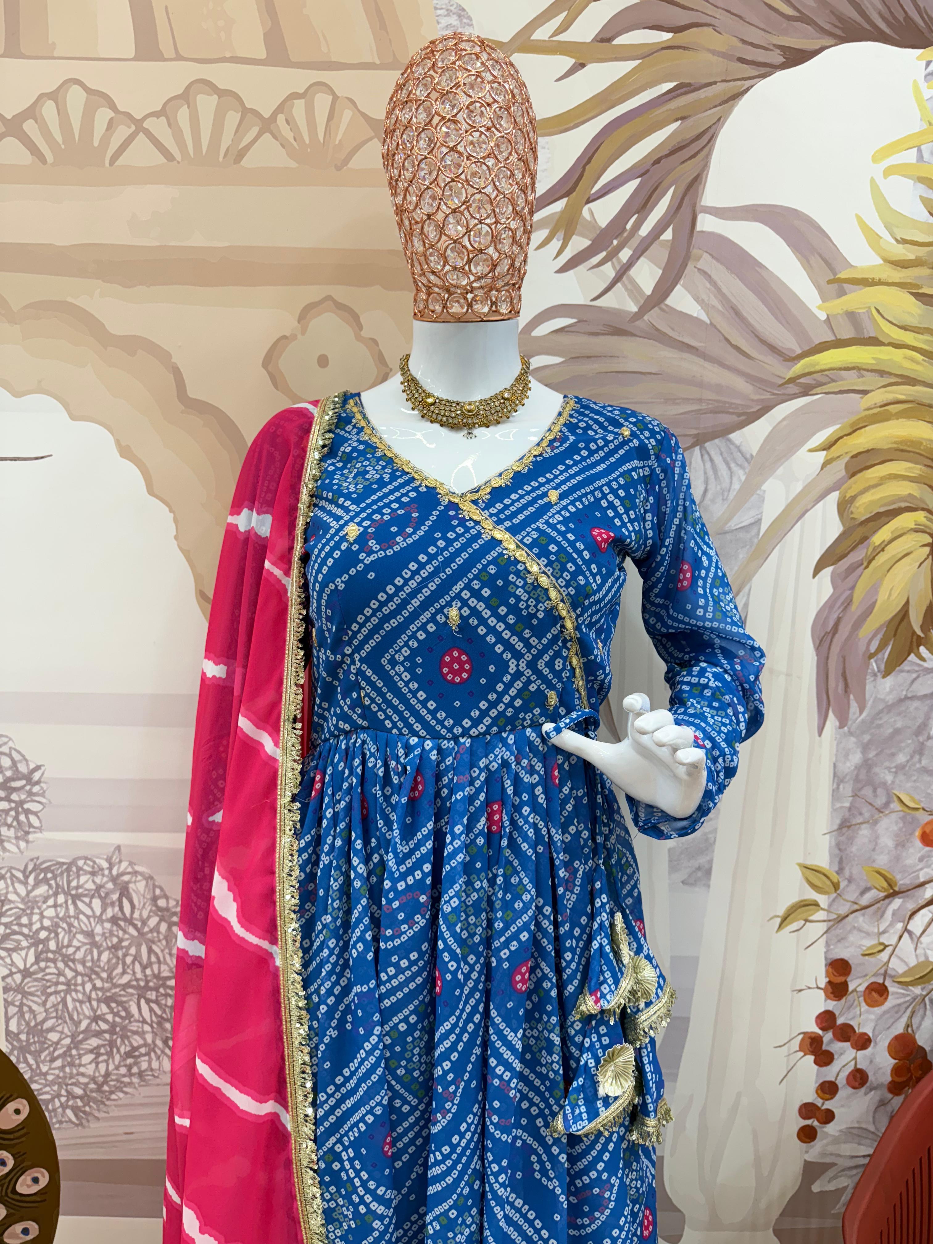 Trendy Blue Georgette Embroidery Work Gown